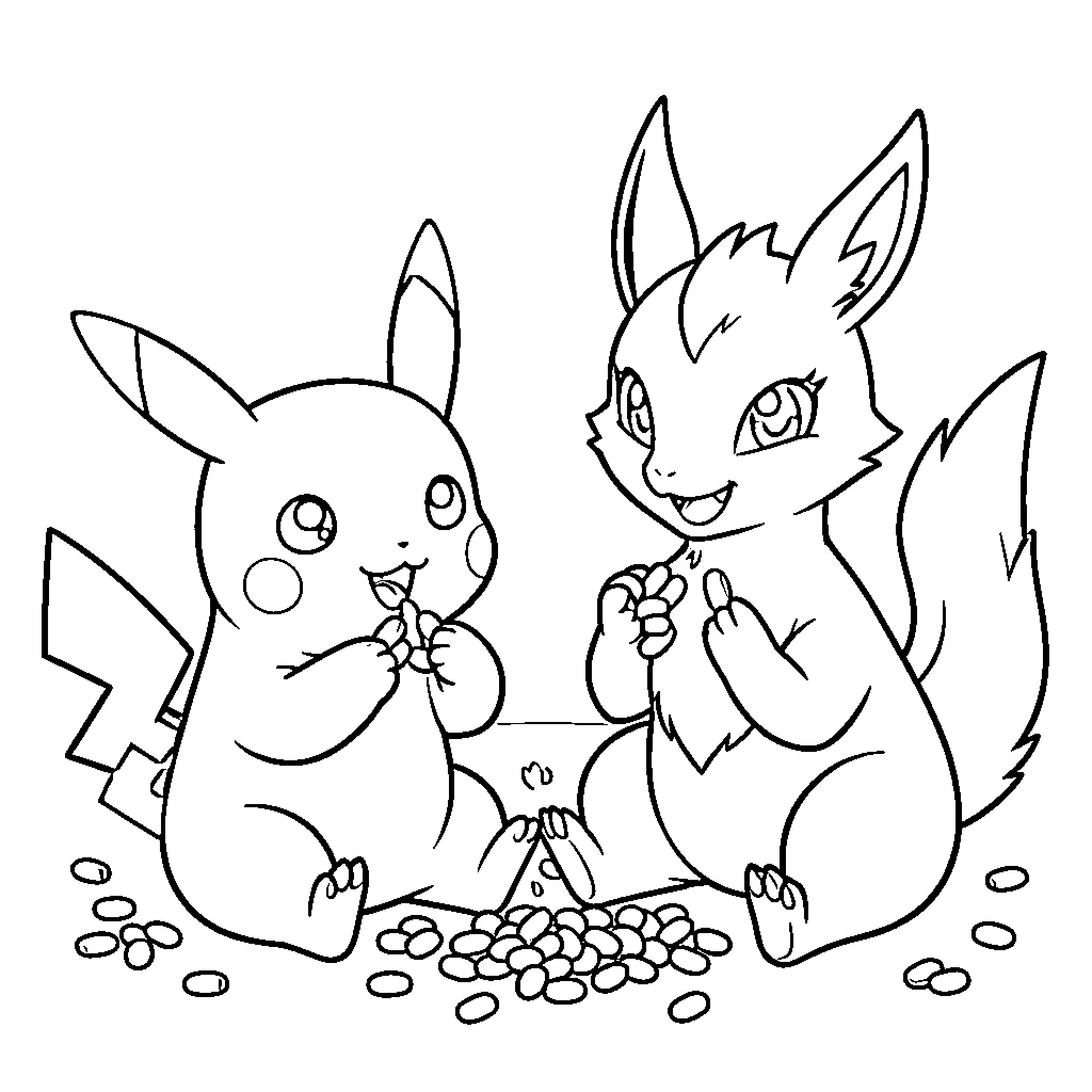 Pikachu and Eevee sharing snacks together happily Coloring Page (free black-and-white line drawing printable PDF for all, from beginners to advanced learners, including children, teens, adults, and seniors)