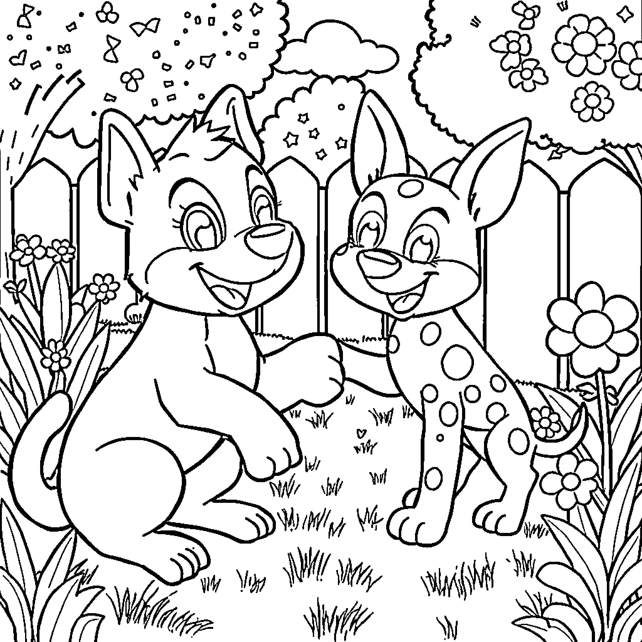Bluey and Friends Explore the Magical Forest Coloring Page (free black-and-white line drawing printable PDF for all, from beginners to advanced learners, including children, teens, adults, and seniors)