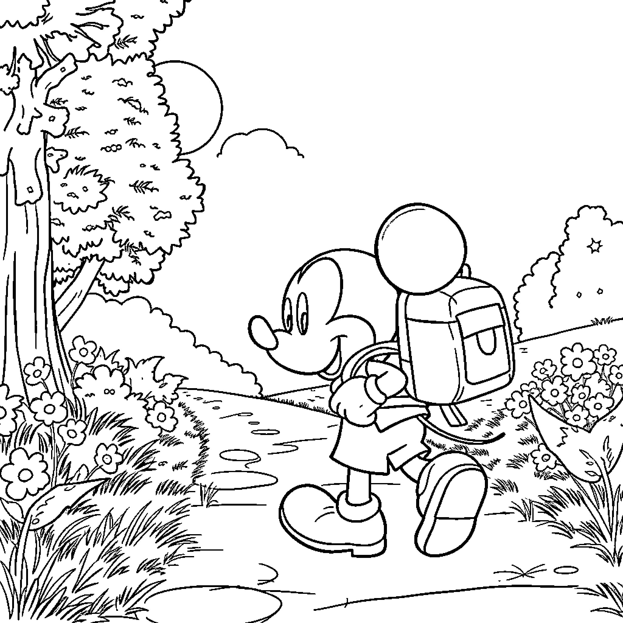 Mickey Mouse enjoying a nature walk in the park Coloring Page (free black-and-white line drawing printable PDF for all, from beginners to advanced learners, including children, teens, adults, and seniors)
