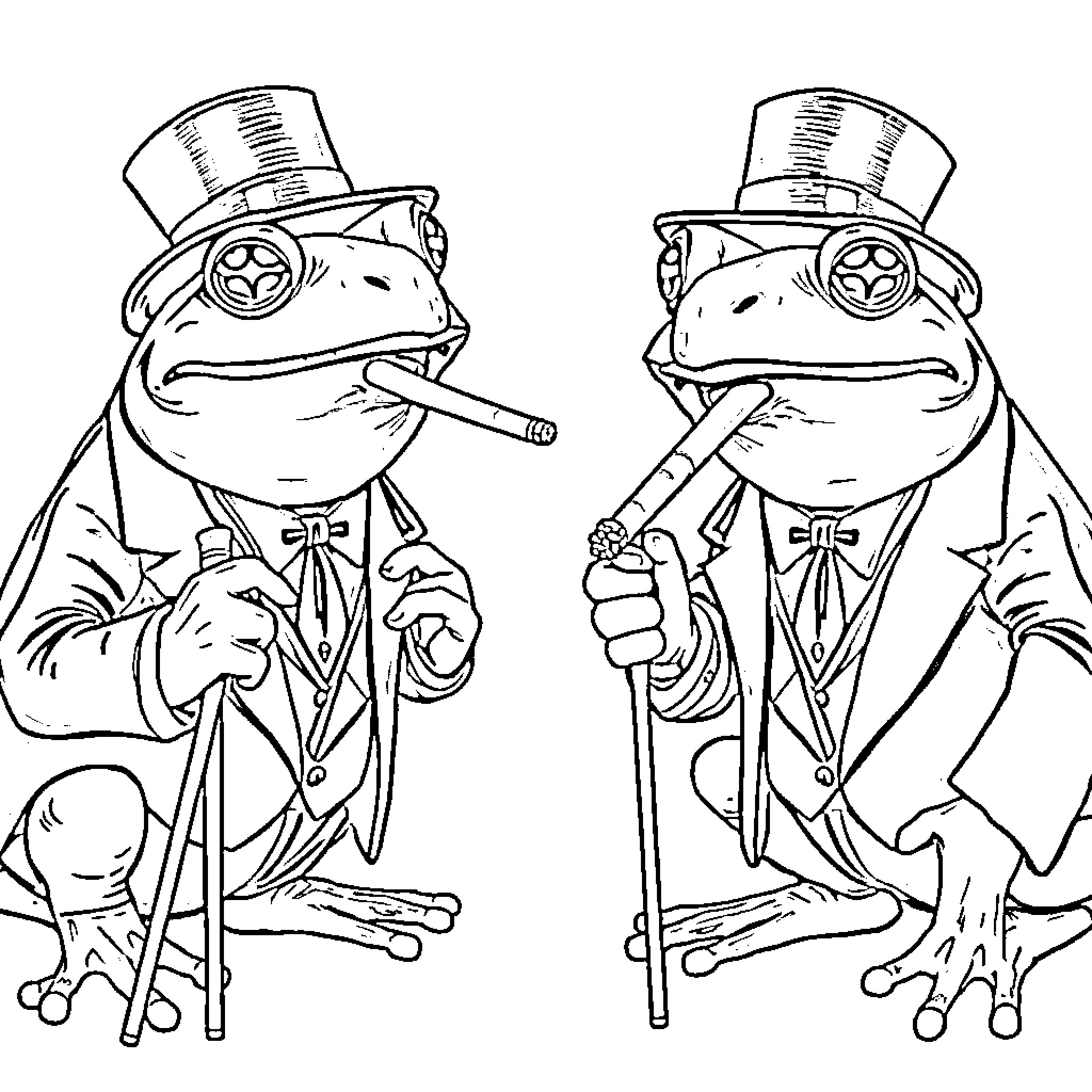 Frog gentlemen in formal attire Coloring Page (free black-and-white line drawing printable PDF for all, from beginners to advanced learners, including children, teens, adults, and seniors)