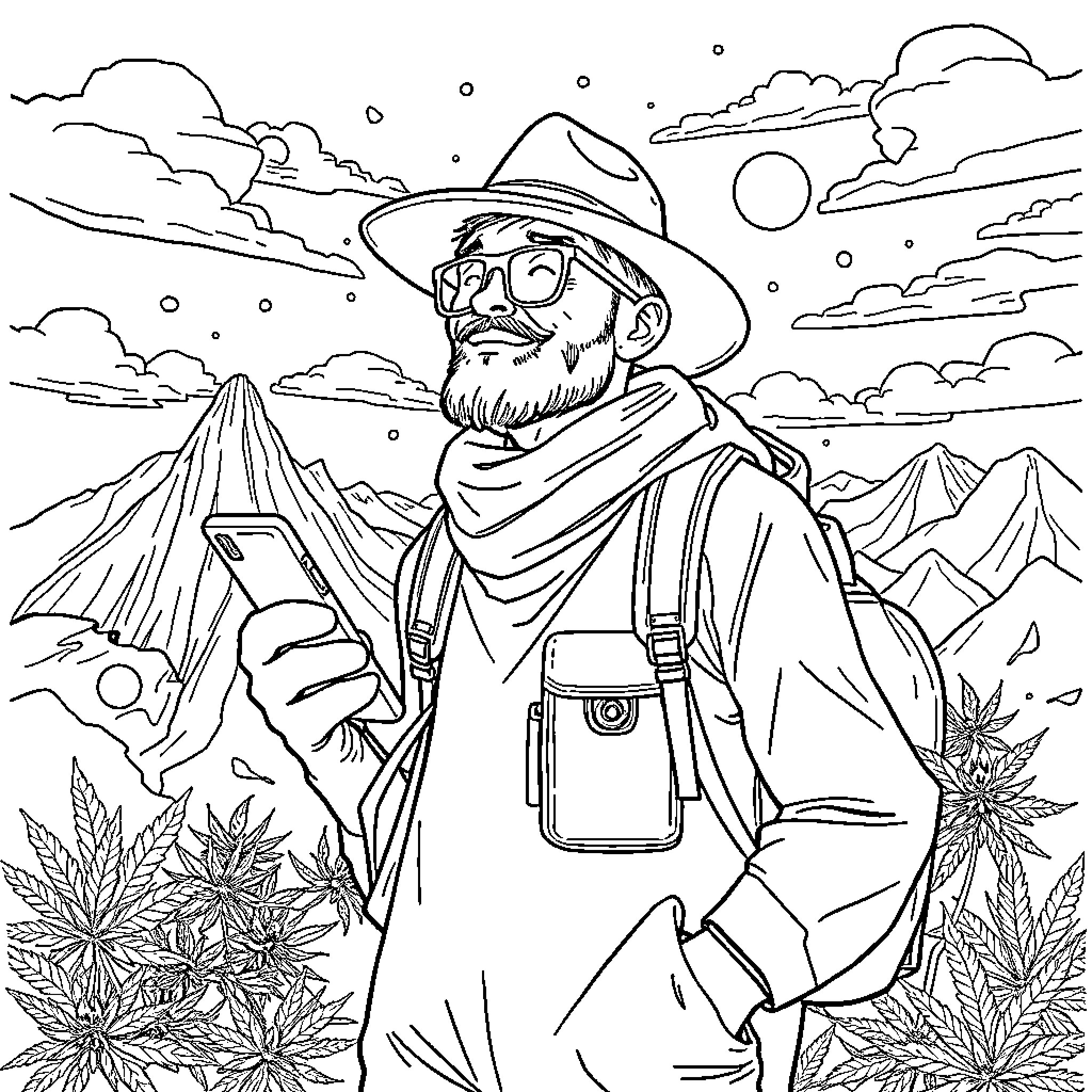 Cannabis hiker exploring nature's beauty Coloring Page (free black-and-white line drawing printable PDF for all, from beginners to advanced learners, including children, teens, adults, and seniors)