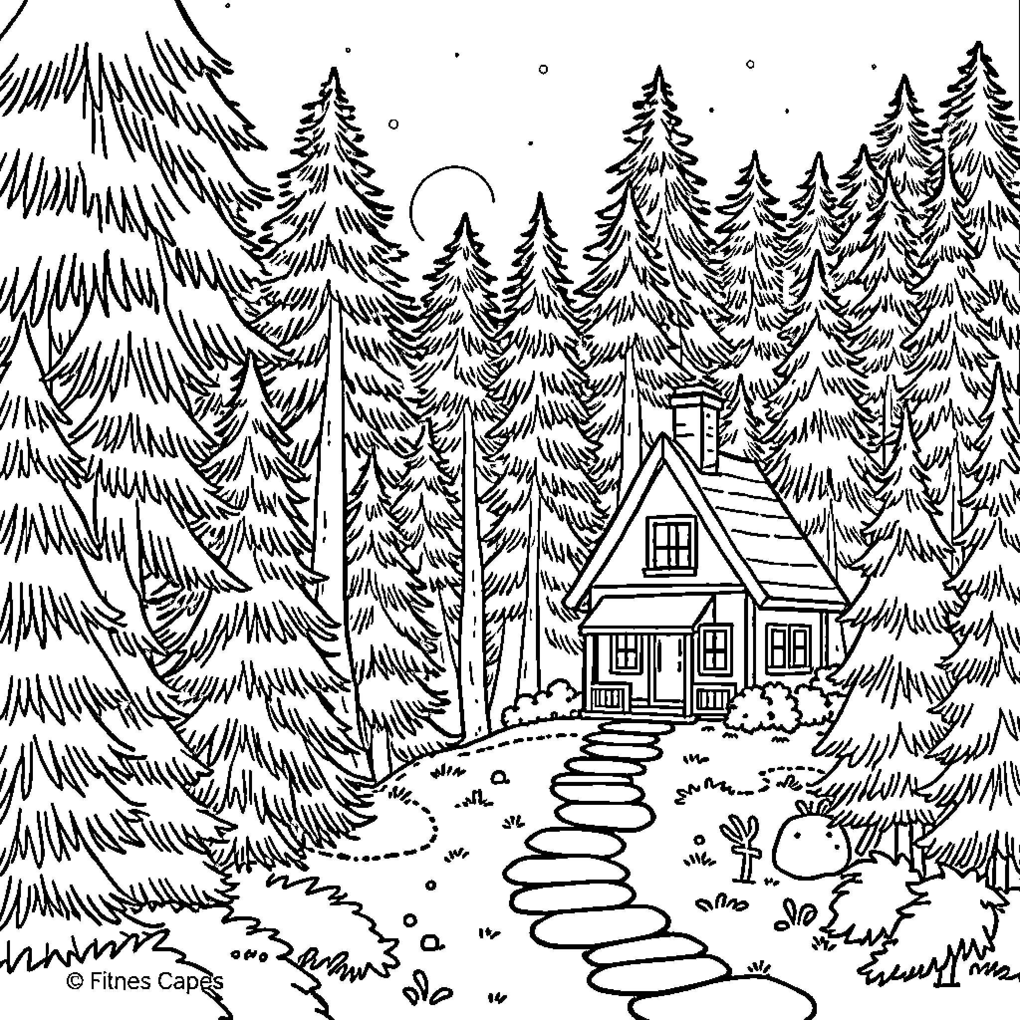 House in a snowy forest with pine trees Coloring Page (free black-and-white line drawing printable PDF for all, from beginners to advanced learners, including children, teens, adults, and seniors)