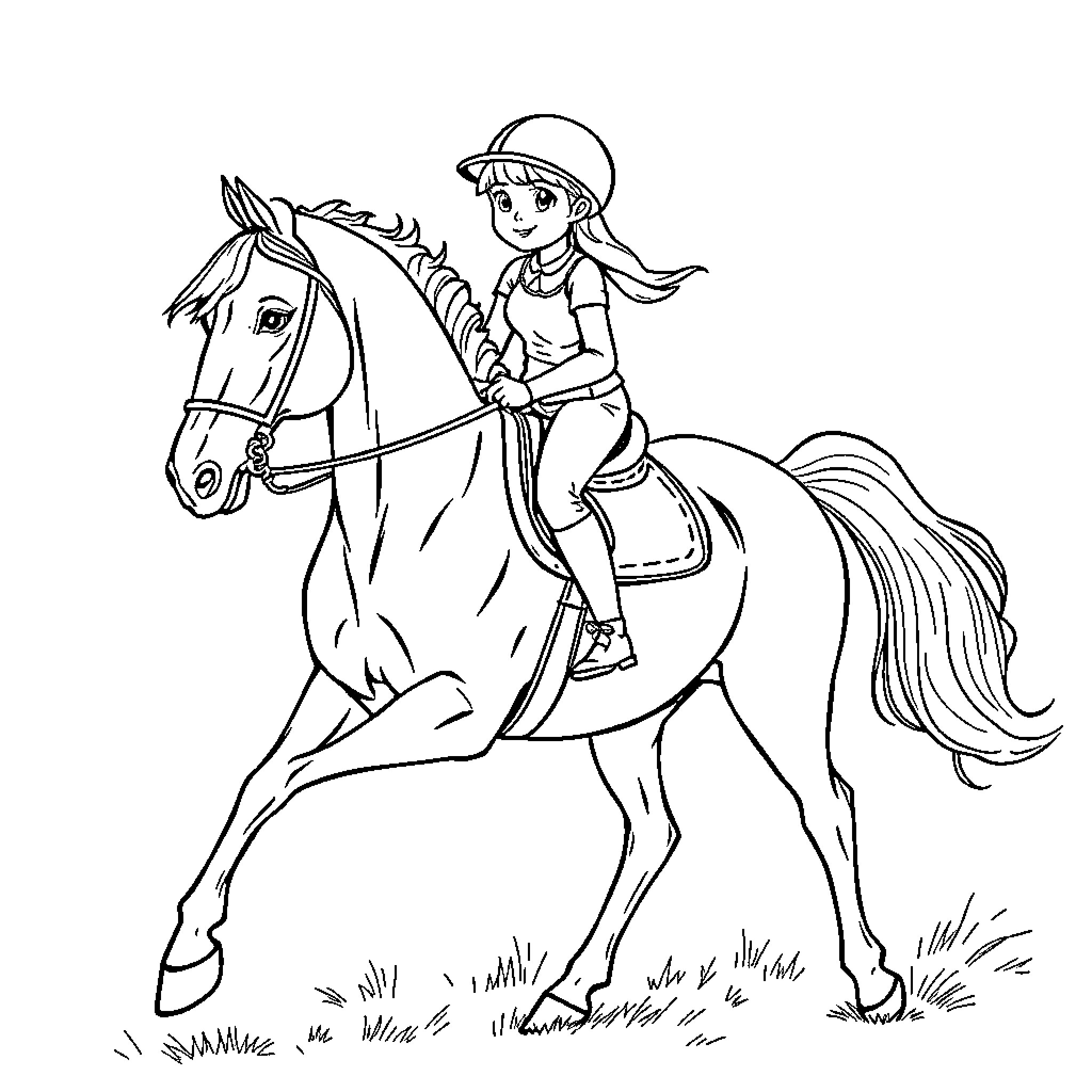 Chloe Riding Her Trusty Steed Coloring Page (free black-and-white line drawing printable PDF for all, from beginners to advanced learners, including children, teens, adults, and seniors)
