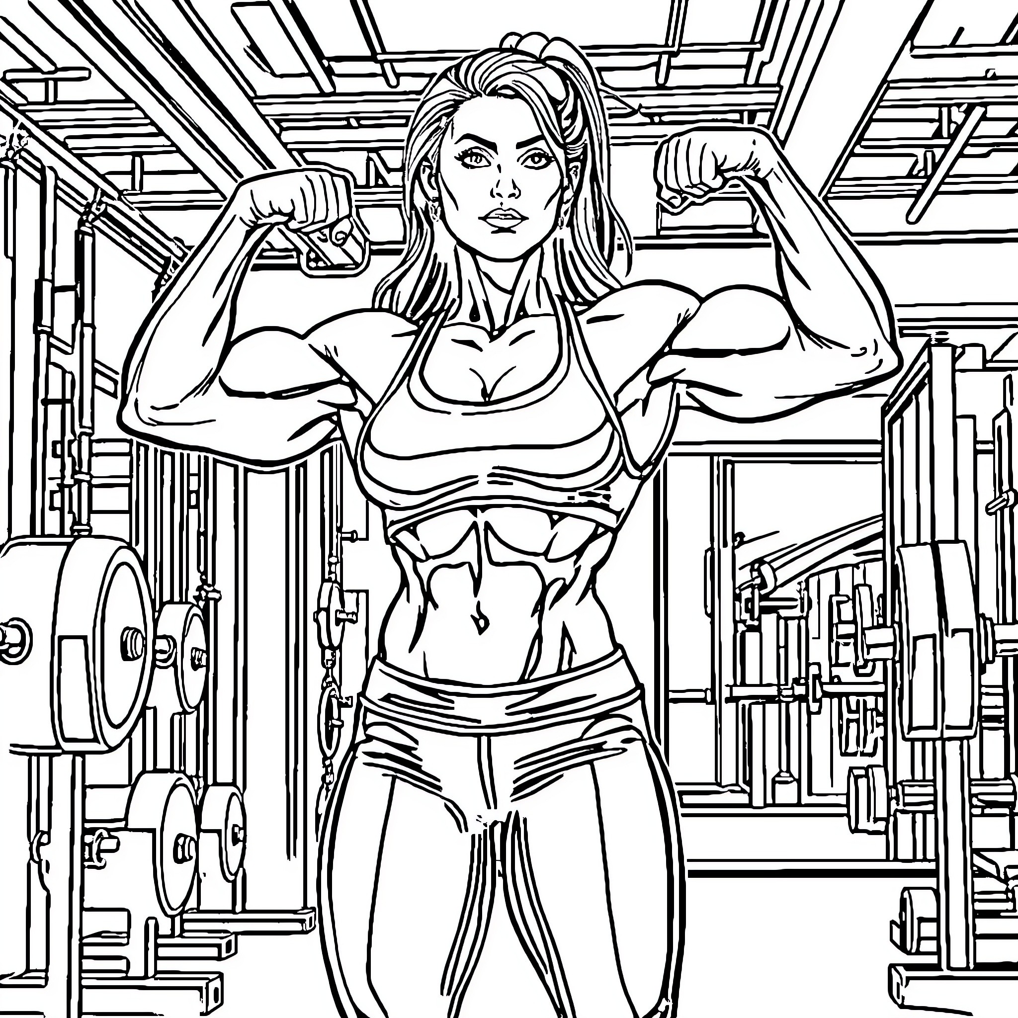 Bodybuilder flexing muscles in a gym setting Coloring Page (free black-and-white line drawing printable PDF for all, from beginners to advanced learners, including children, teens, adults, and seniors)