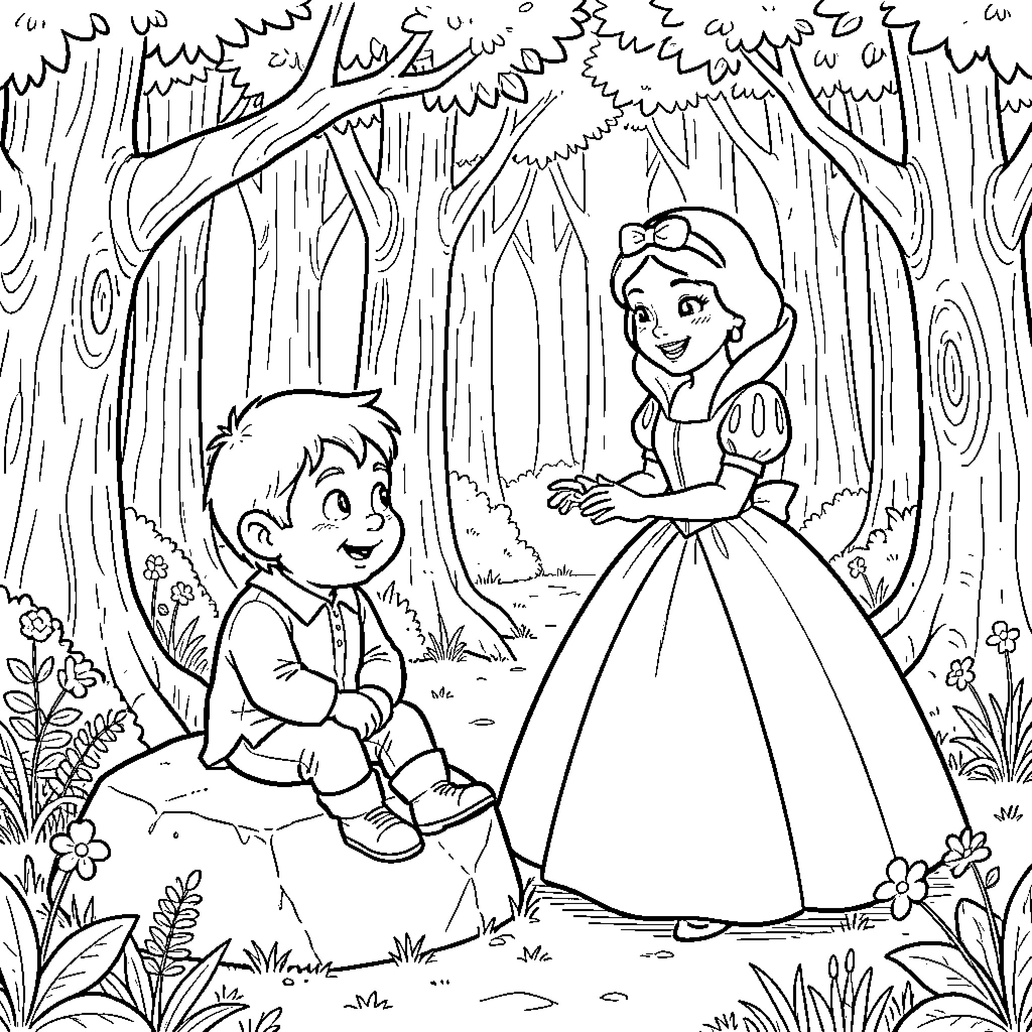 Enanito's Adventure with the Princess in the Enchanted Forest Coloring Page (free black-and-white line drawing printable PDF for all, from beginners to advanced learners, including children, teens, adults, and seniors)