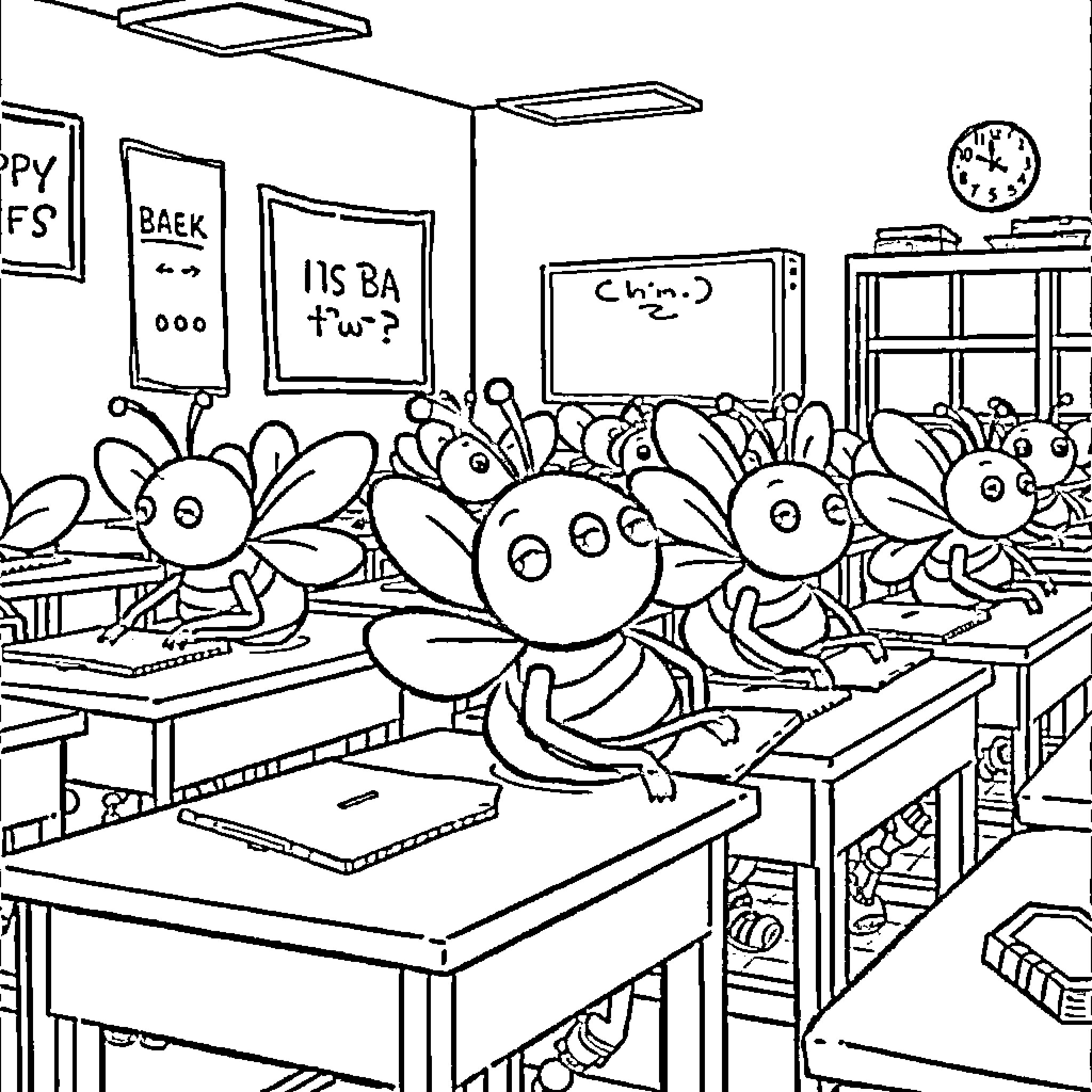 Bee-shaped Students in a Busy Classroom Coloring Page (free black-and-white line drawing printable PDF for all, from beginners to advanced learners, including children, teens, adults, and seniors)