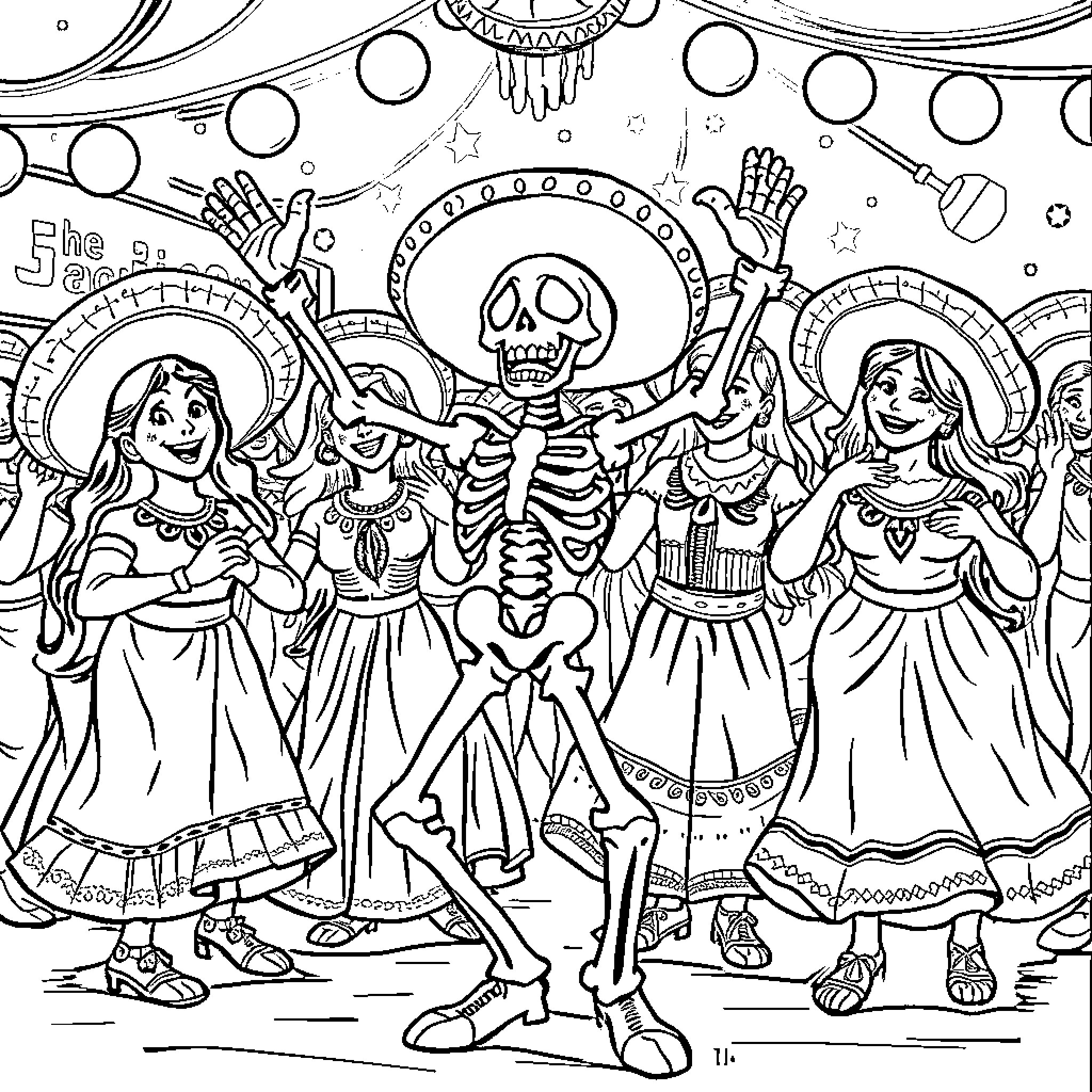 Jack's Day of the Dead Celebration with Festive Dancers Coloring Page (free black-and-white line drawing printable PDF for all, from beginners to advanced learners, including children, teens, adults, and seniors)