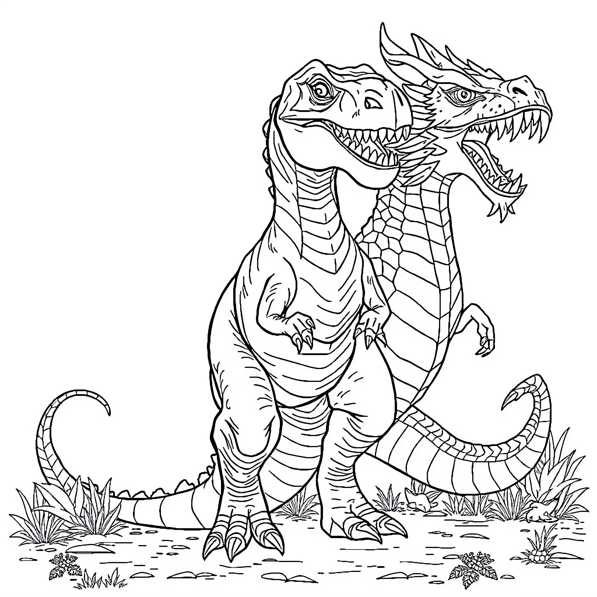 Dinosaur duo in playful confrontation Coloring Page (free black-and-white line drawing printable PDF for all, from beginners to advanced learners, including children, teens, adults, and seniors)