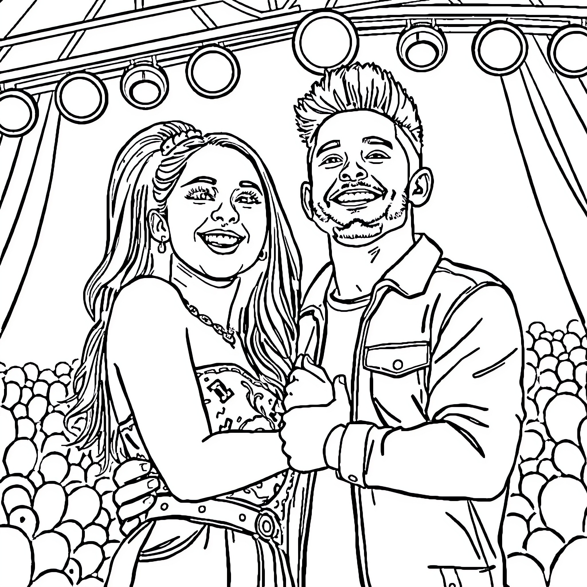 Ariana Grande and companion posing happily at an event Coloring Page (free black-and-white line drawing printable PDF for all, from beginners to advanced learners, including children, teens, adults, and seniors)