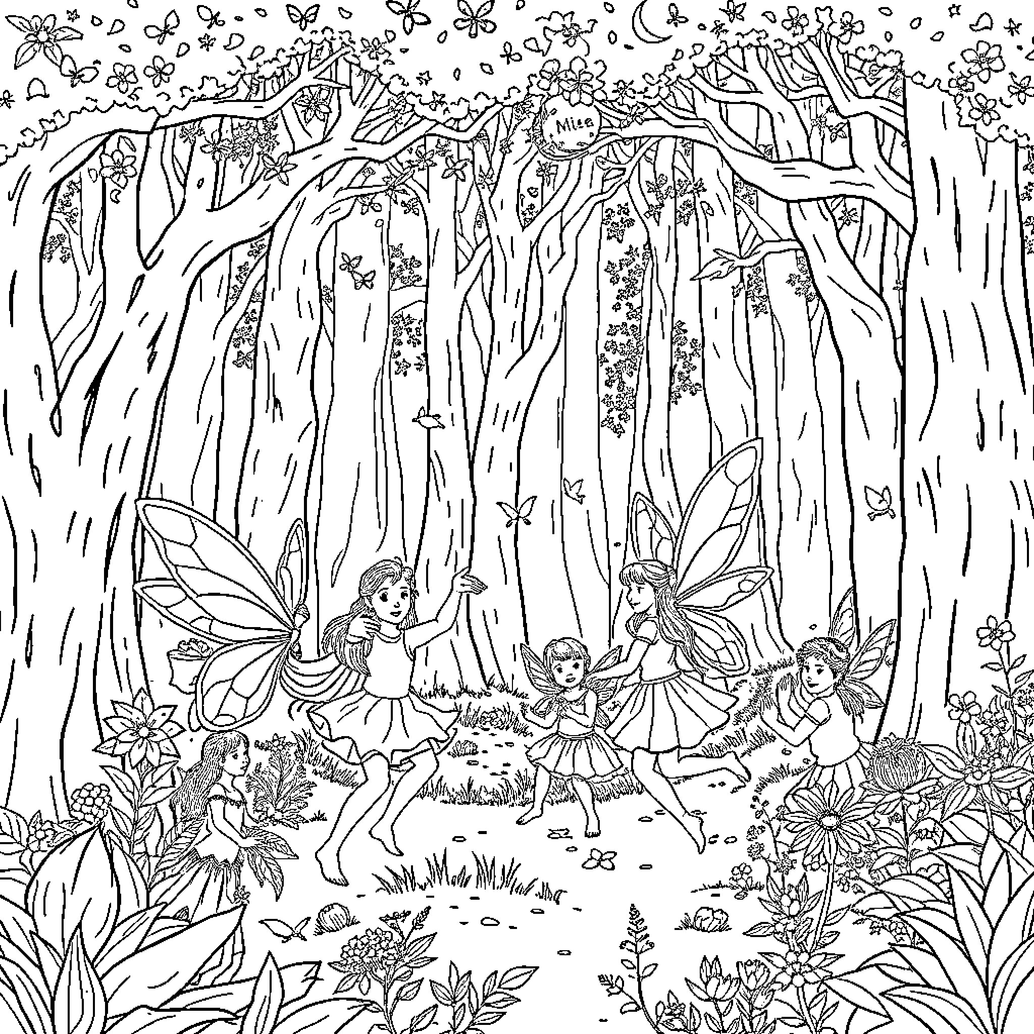 Fairy friends playing in enchanted forest Coloring Page (free black-and-white line drawing printable PDF for all, from beginners to advanced learners, including children, teens, adults, and seniors)
