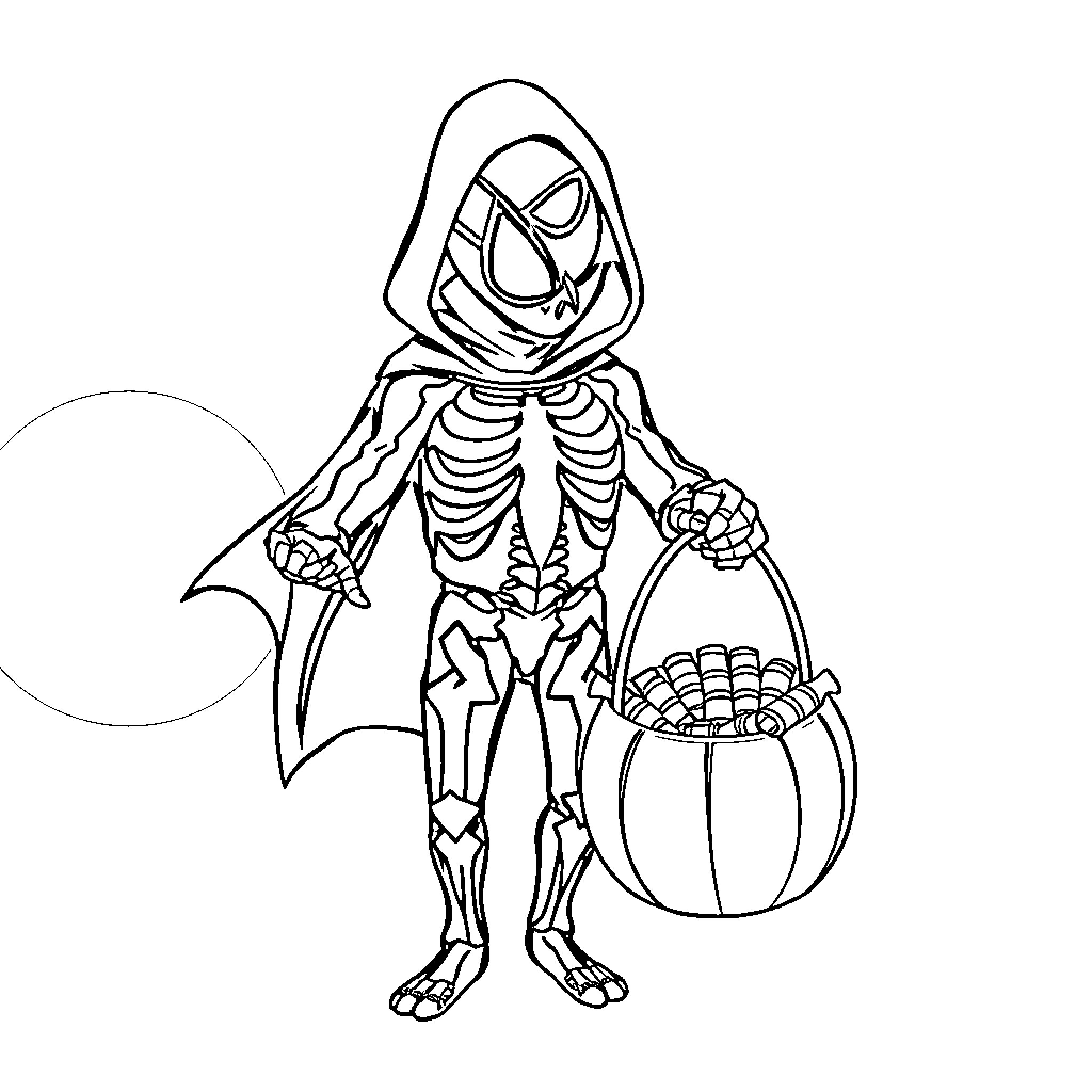 Spider-Man Skeleton in Spooky Halloween Costume Coloring Page (free black-and-white line drawing printable PDF for all, from beginners to advanced learners, including children, teens, adults, and seniors)