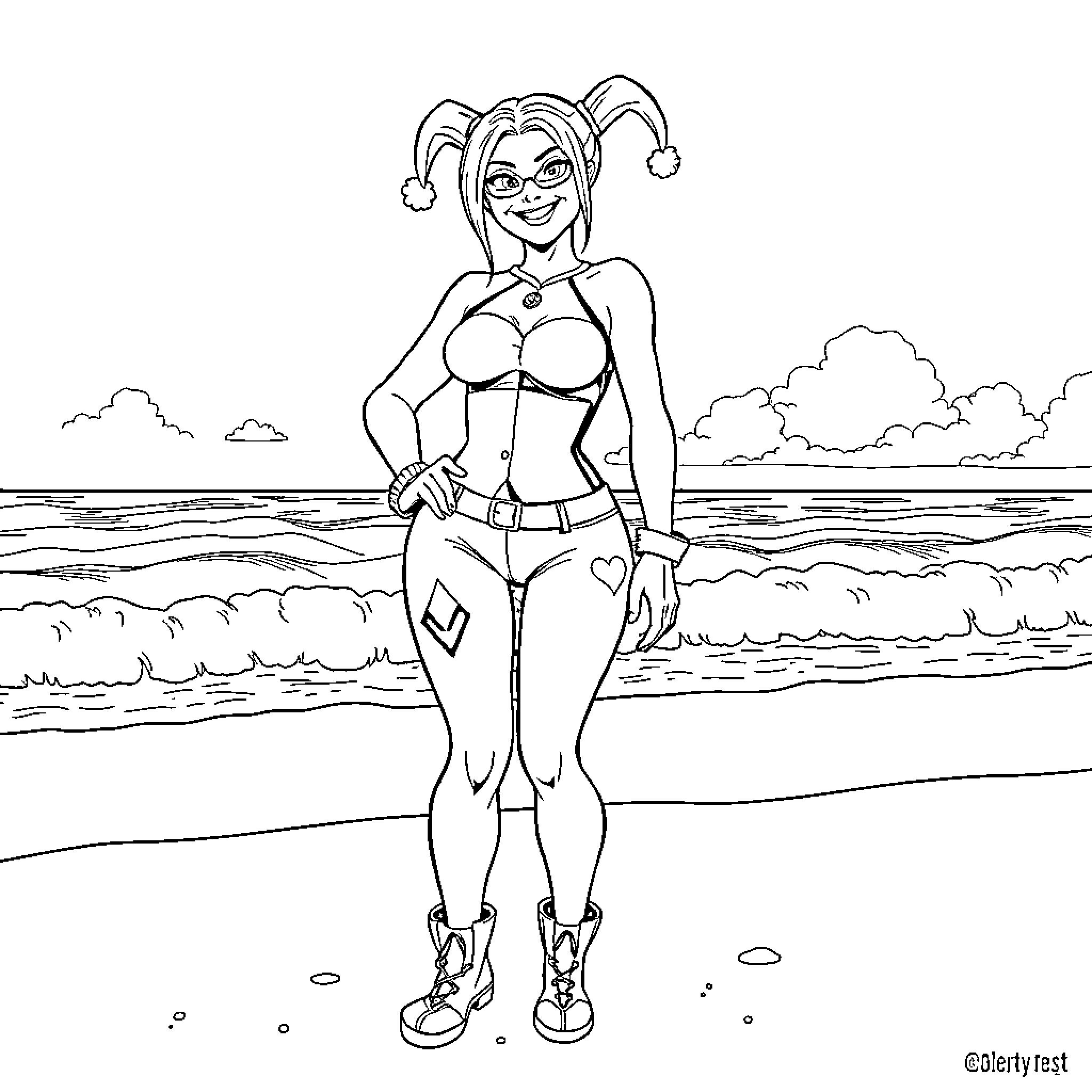 Harley Quinn's Playful Seaside Adventure Coloring Page (free black-and-white line drawing printable PDF for all, from beginners to advanced learners, including children, teens, adults, and seniors)