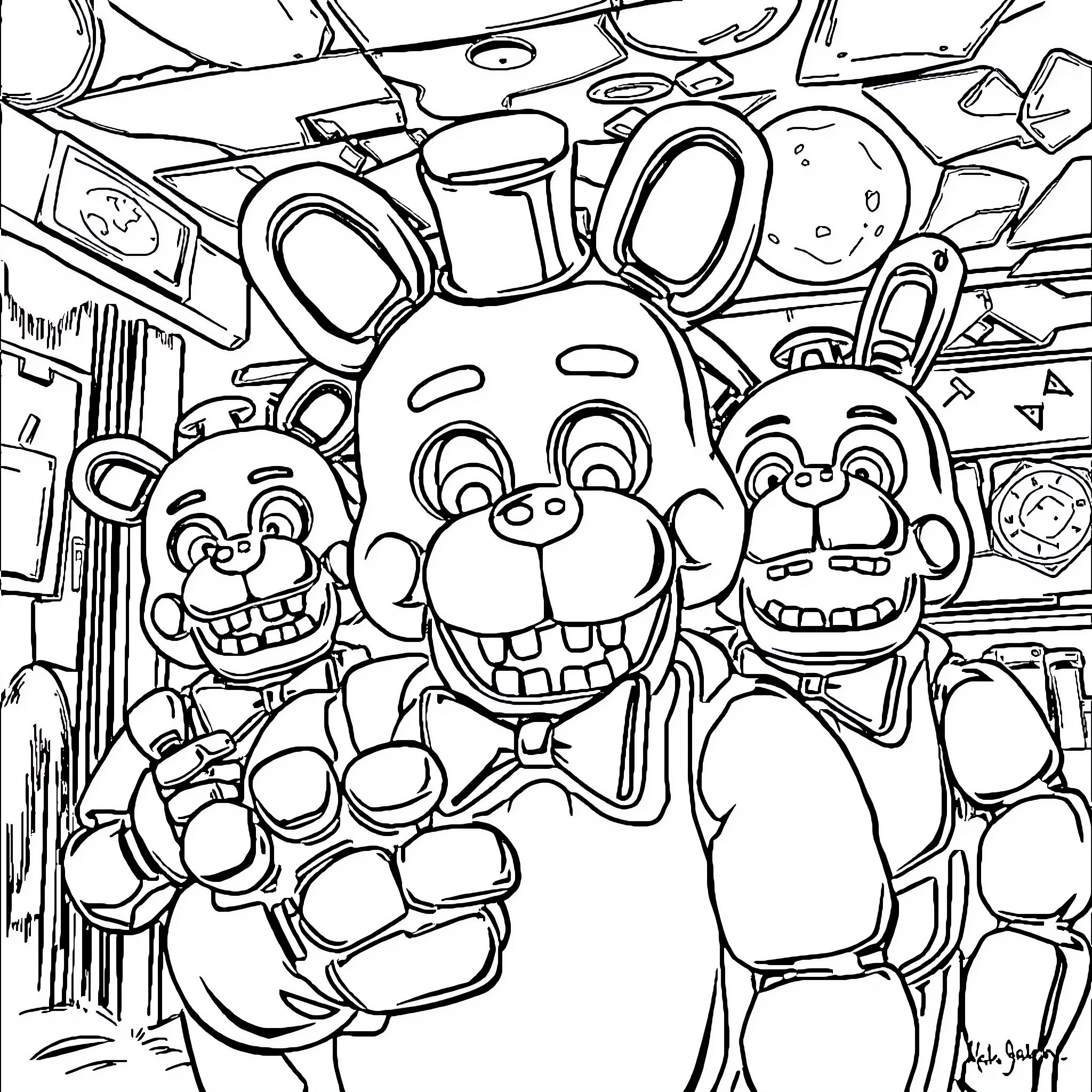 Freddy's Fun Filled Frenzy Coloring Page (free black-and-white line drawing printable PDF for all, from beginners to advanced learners, including children, teens, adults, and seniors)