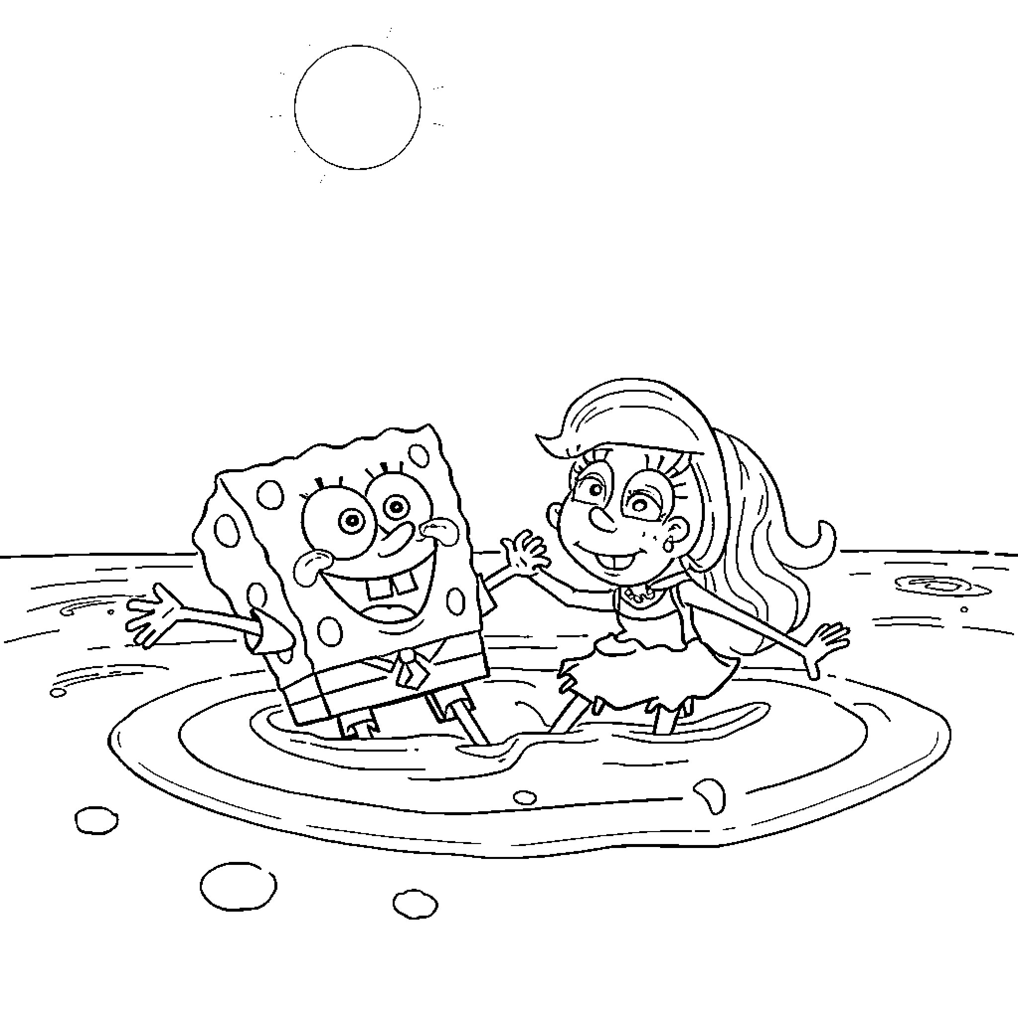 Spongebob and Sandy playing in the ocean Coloring Page (free black-and-white line drawing printable PDF for all, from beginners to advanced learners, including children, teens, adults, and seniors)