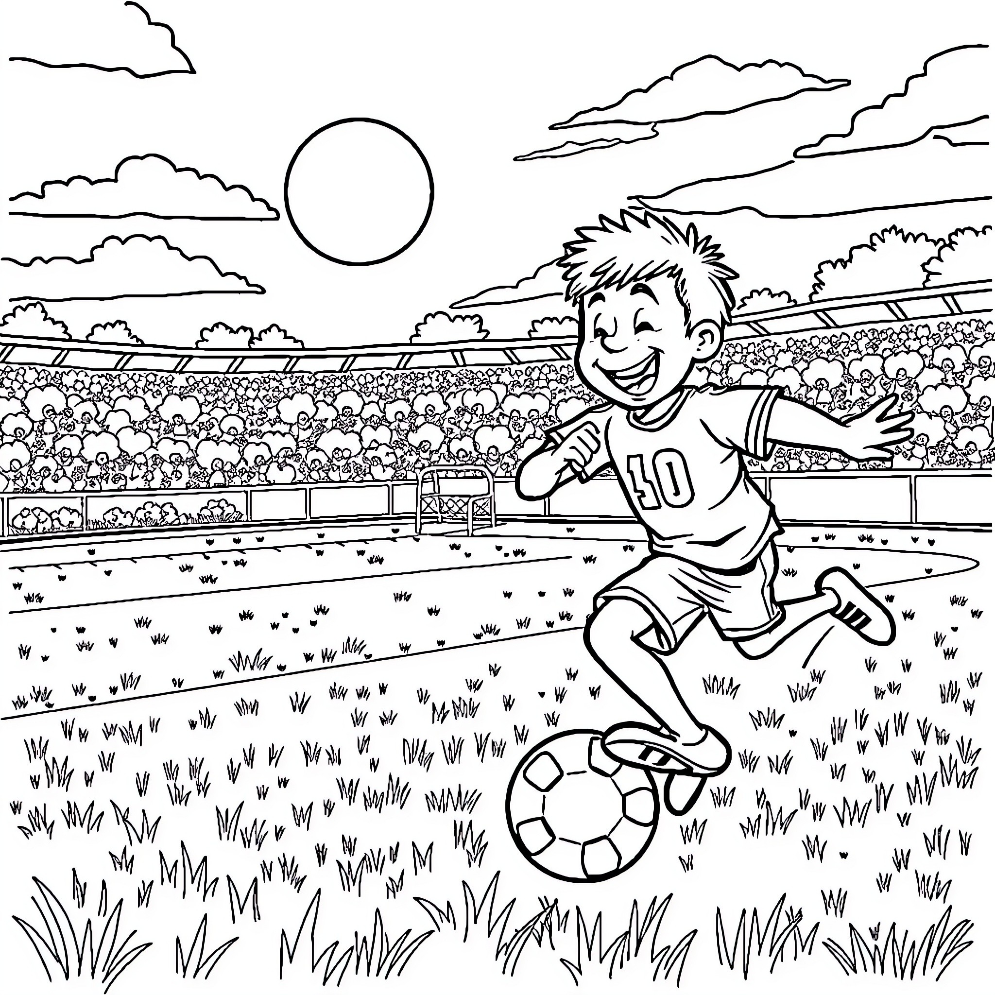 Banban enjoying soccer match in stadium Coloring Page (free black-and-white line drawing printable PDF for all, from beginners to advanced learners, including children, teens, adults, and seniors)