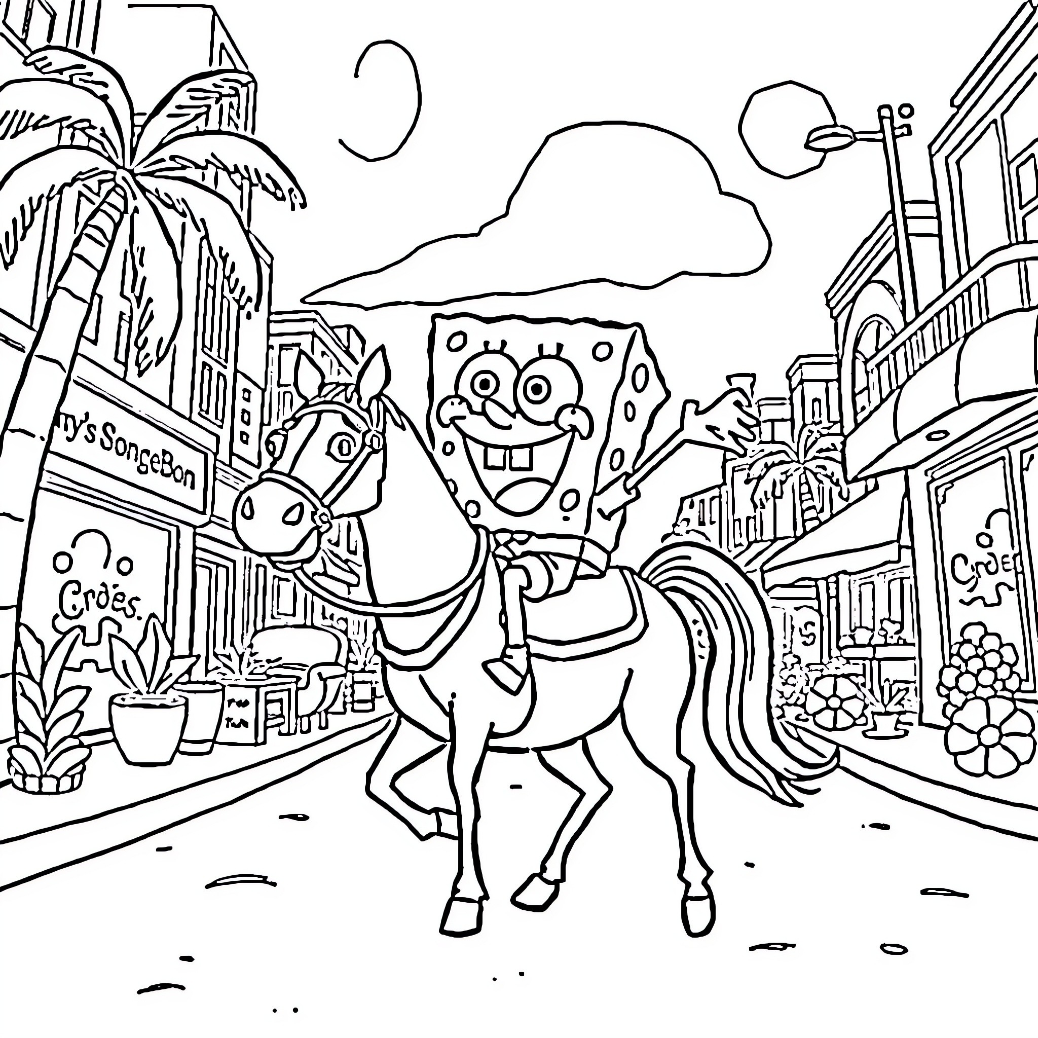 Spongebob riding a horse through a town Coloring Page (free black-and-white line drawing printable PDF for all, from beginners to advanced learners, including children, teens, adults, and seniors)