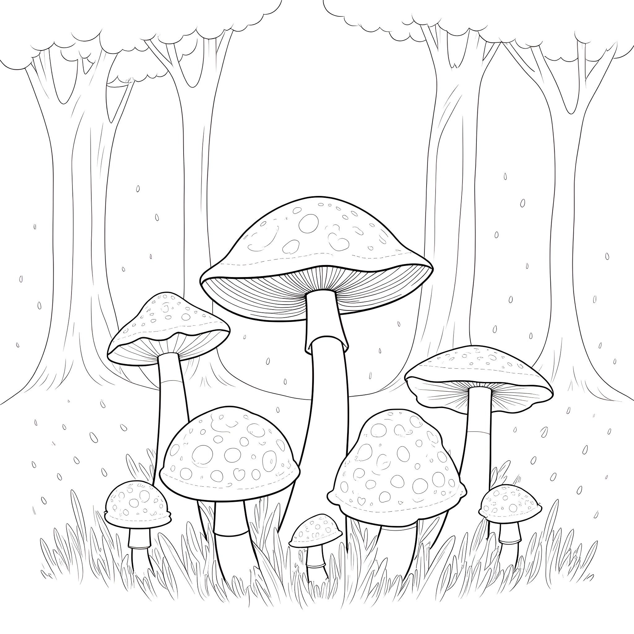 Mushroom Colony in the Magical Forest Coloring Page (free black-and-white line drawing printable PDF for all, from beginners to advanced learners, including children, teens, adults, and seniors)