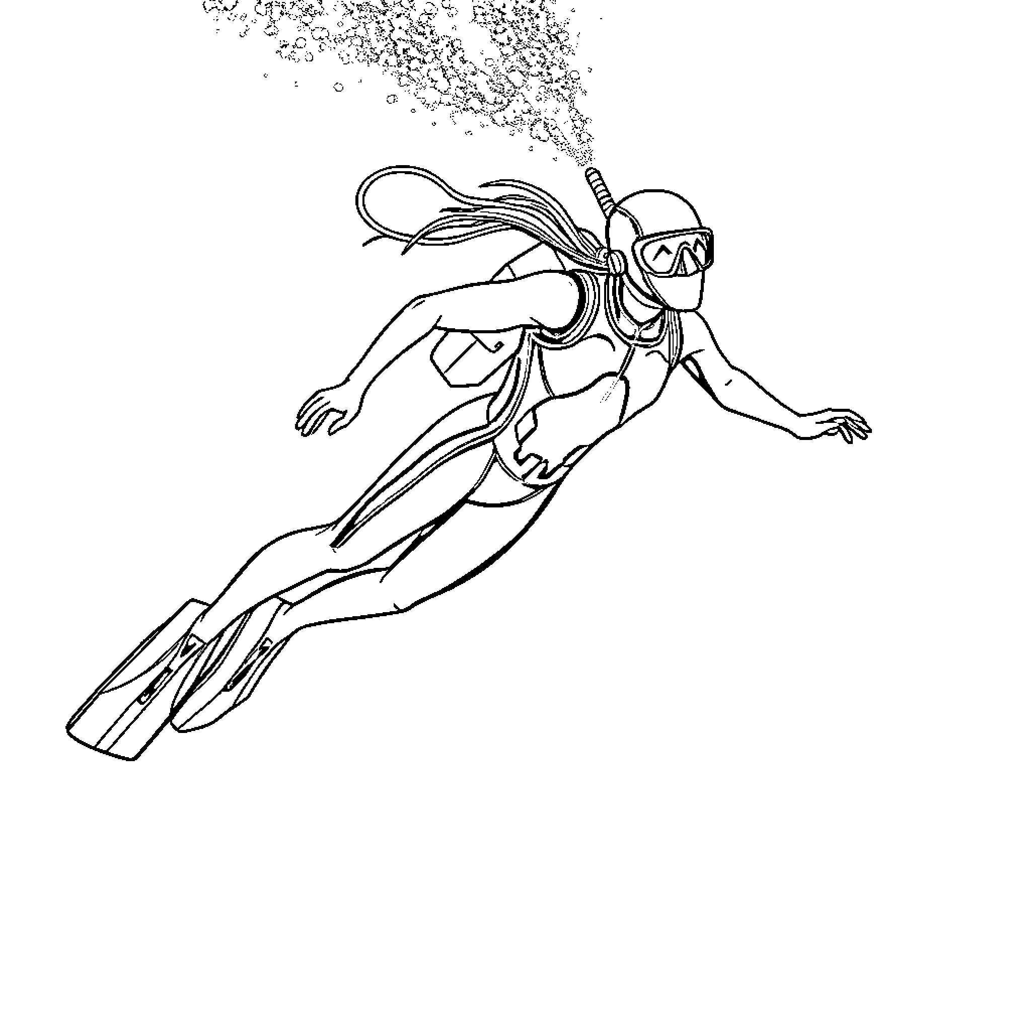 Freedive underwater exploration with bubbles Coloring Page (free black-and-white line drawing printable PDF for all, from beginners to advanced learners, including children, teens, adults, and seniors)