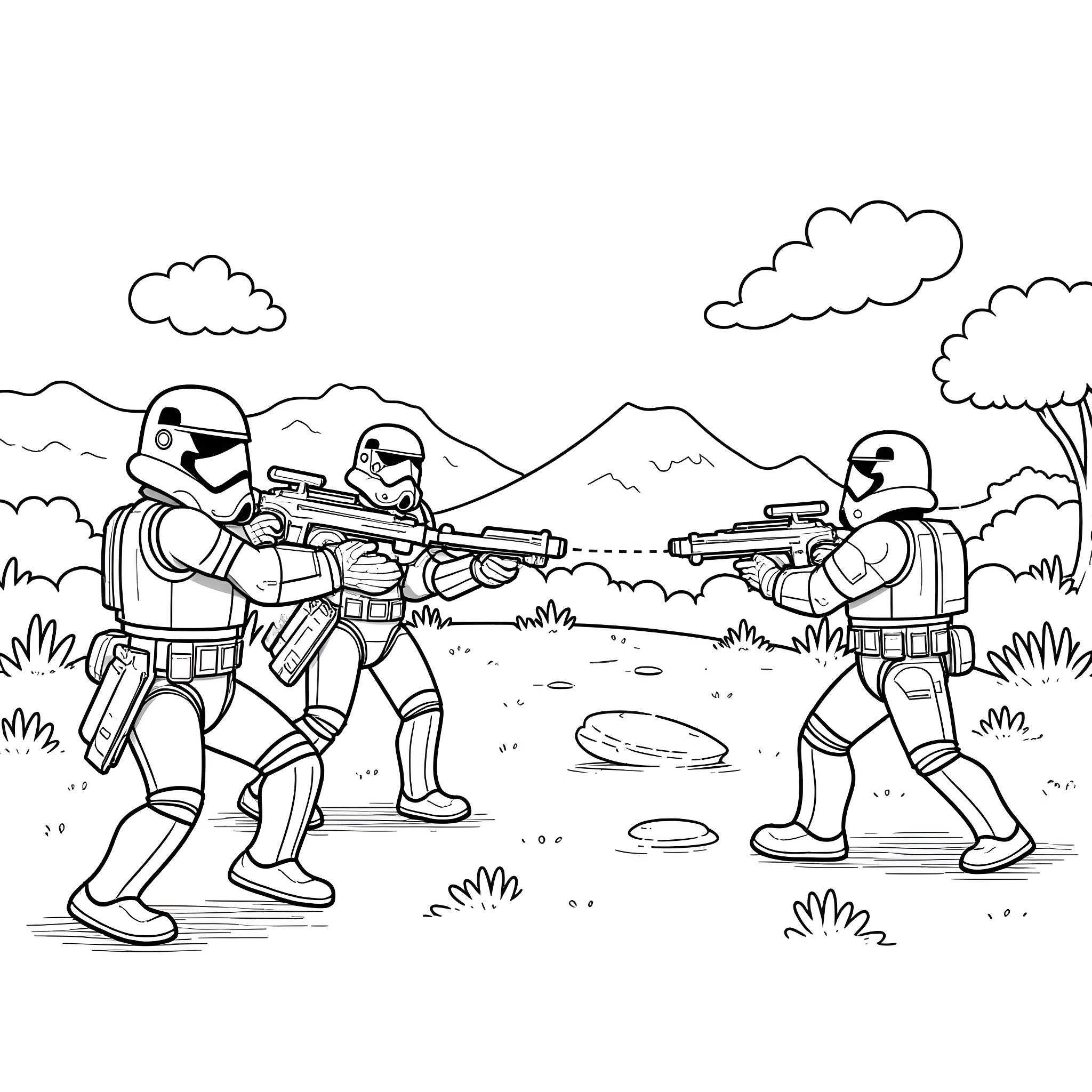 Dandy Stormtroopers Training in the Wilderness Coloring Page (free black-and-white line drawing printable PDF for all, from beginners to advanced learners, including children, teens, adults, and seniors)