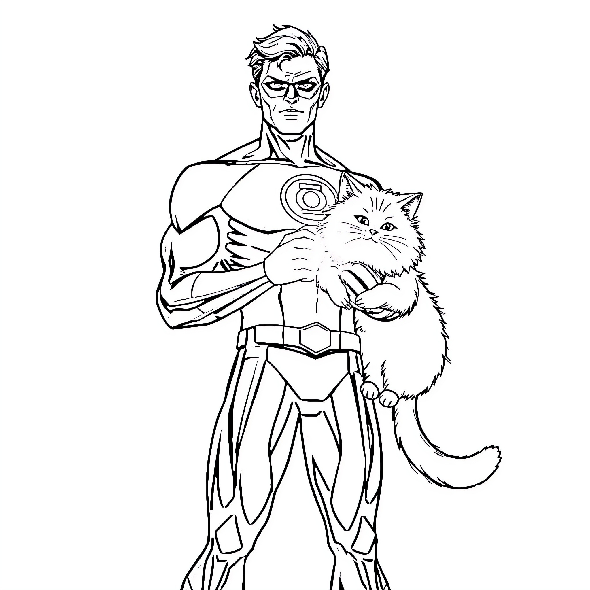Green Lantern and Feline Companion Coloring Page (free black-and-white line drawing printable PDF for all, from beginners to advanced learners, including children, teens, adults, and seniors)