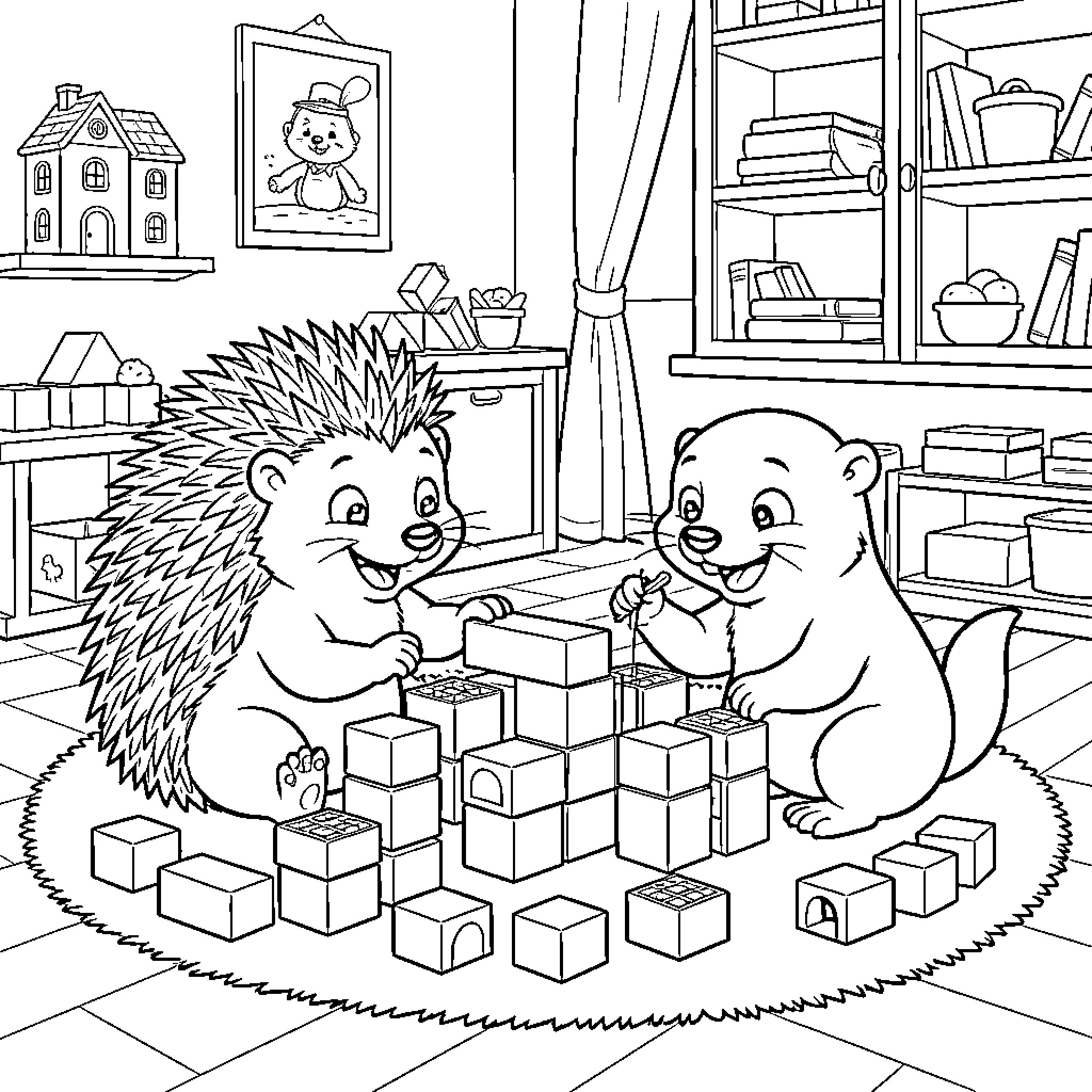 Hedgehog and friend building blocks on a rug Coloring Page (free black-and-white line drawing printable PDF for all, from beginners to advanced learners, including children, teens, adults, and seniors)