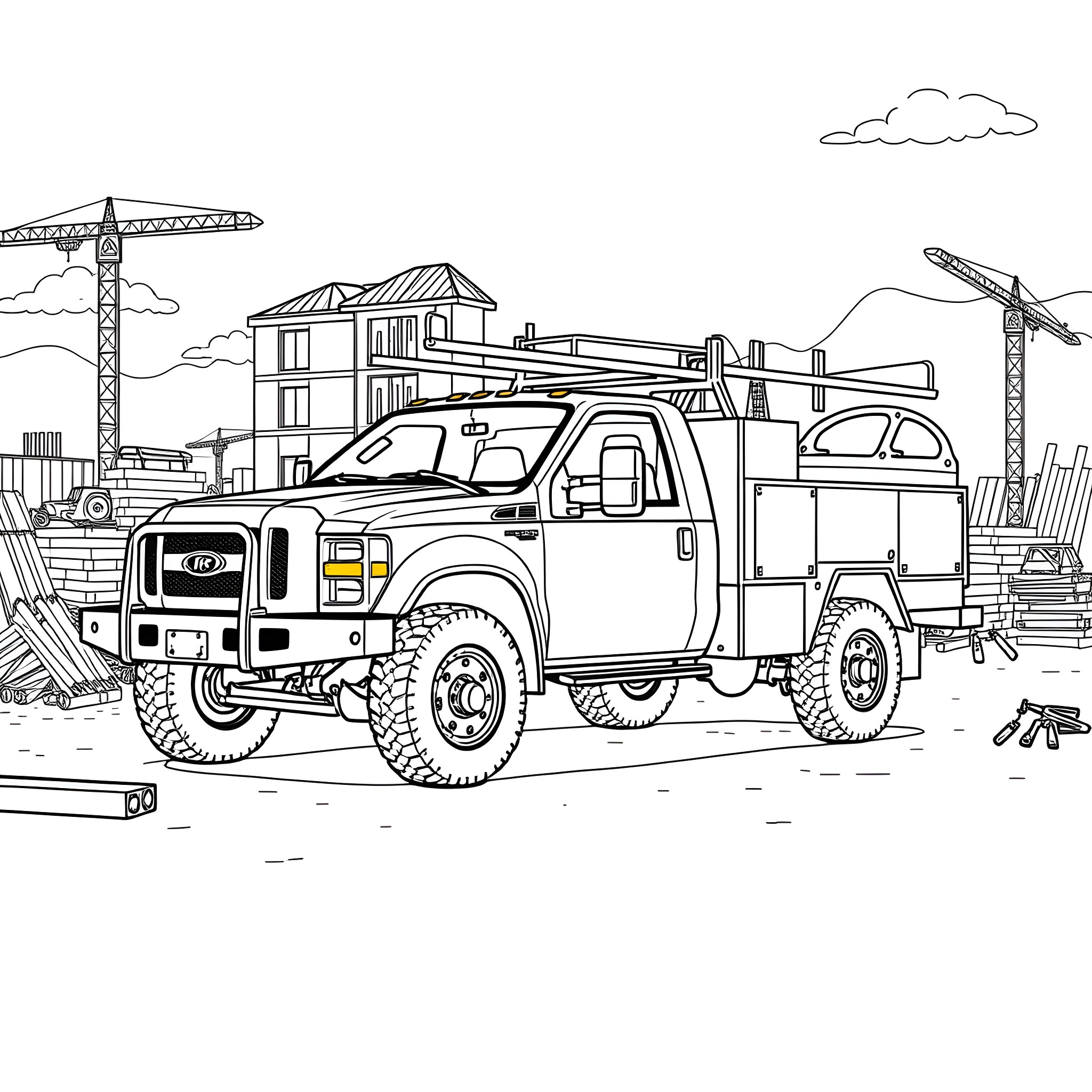 Truck carrying construction equipment on site Coloring Page (free black-and-white line drawing printable PDF for all, from beginners to advanced learners, including children, teens, adults, and seniors)