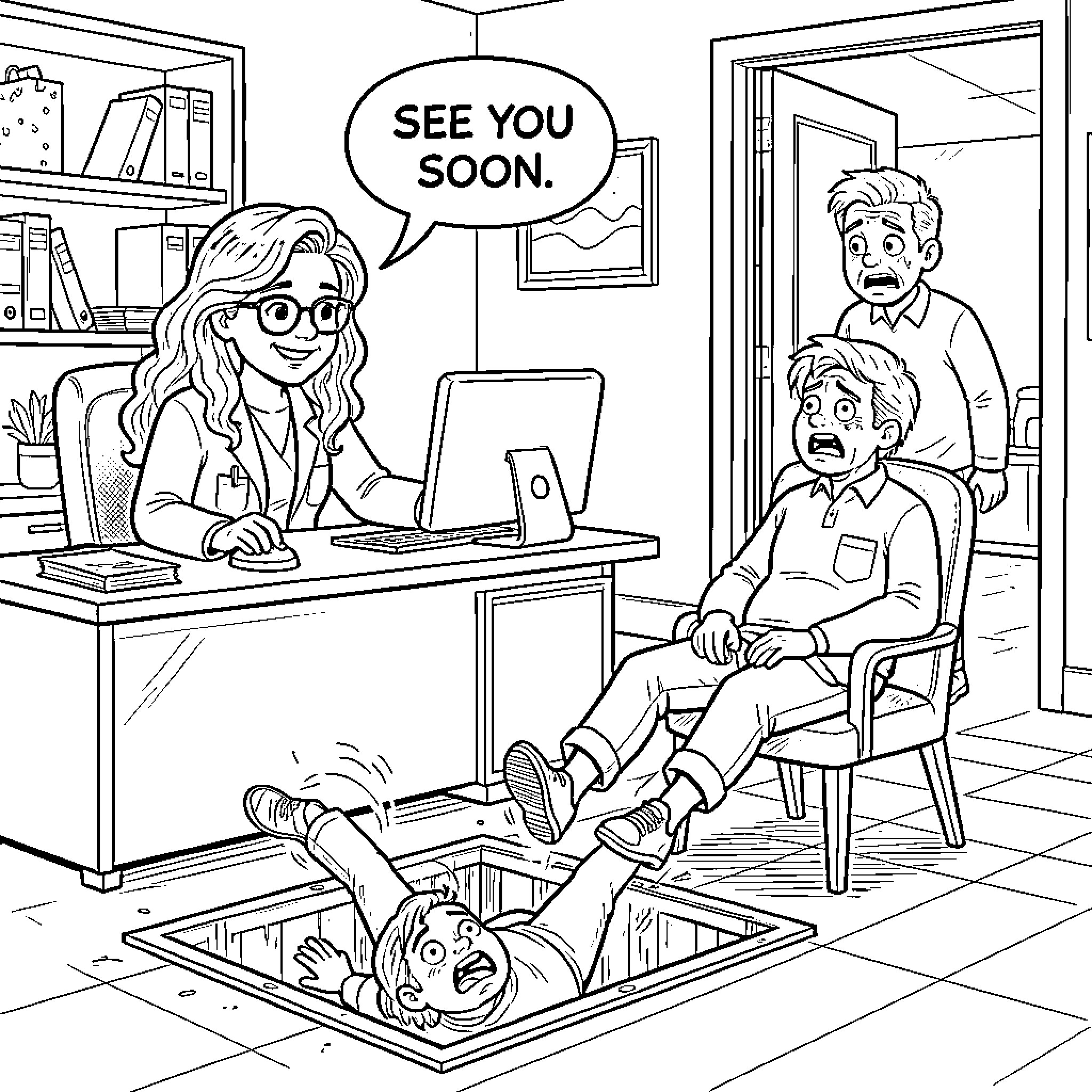 Doctor Comforts Patient with Reassuring Message Coloring Page (free black-and-white line drawing printable PDF for all, from beginners to advanced learners, including children, teens, adults, and seniors)