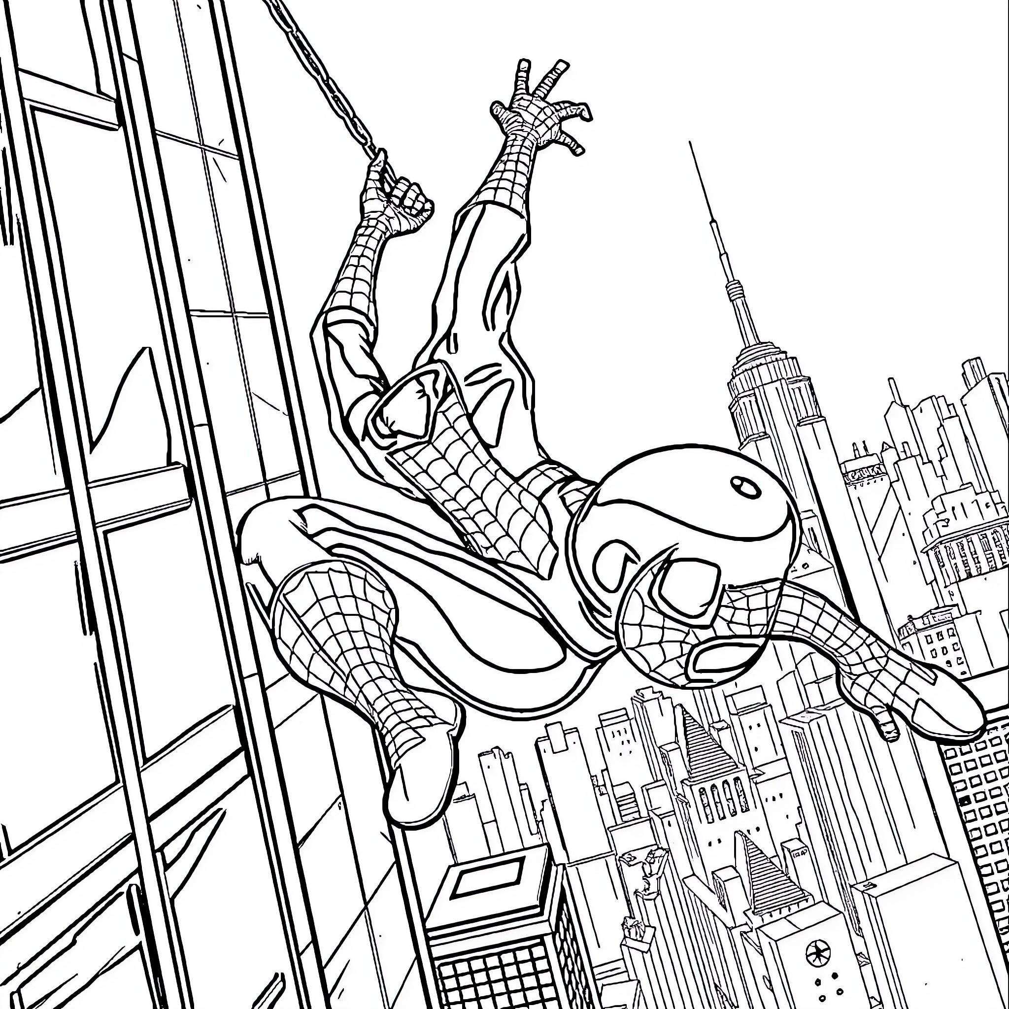 Spider-Man swinging through the city skyline Coloring Page (free black-and-white line drawing printable PDF for all, from beginners to advanced learners, including children, teens, adults, and seniors)