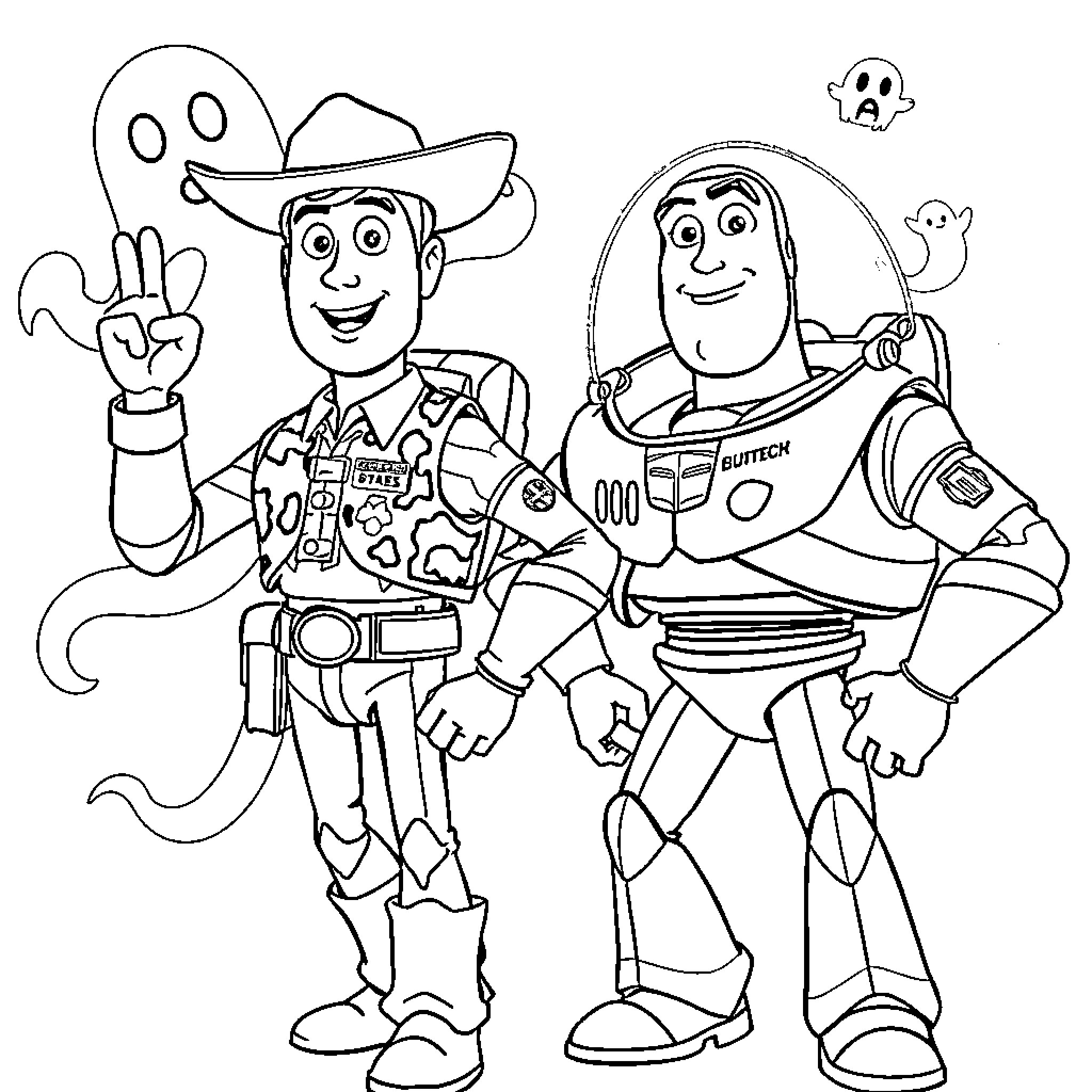 Woody and Buzz Lightyear in Playful Adventure Coloring Page (free black-and-white line drawing printable PDF for all, from beginners to advanced learners, including children, teens, adults, and seniors)