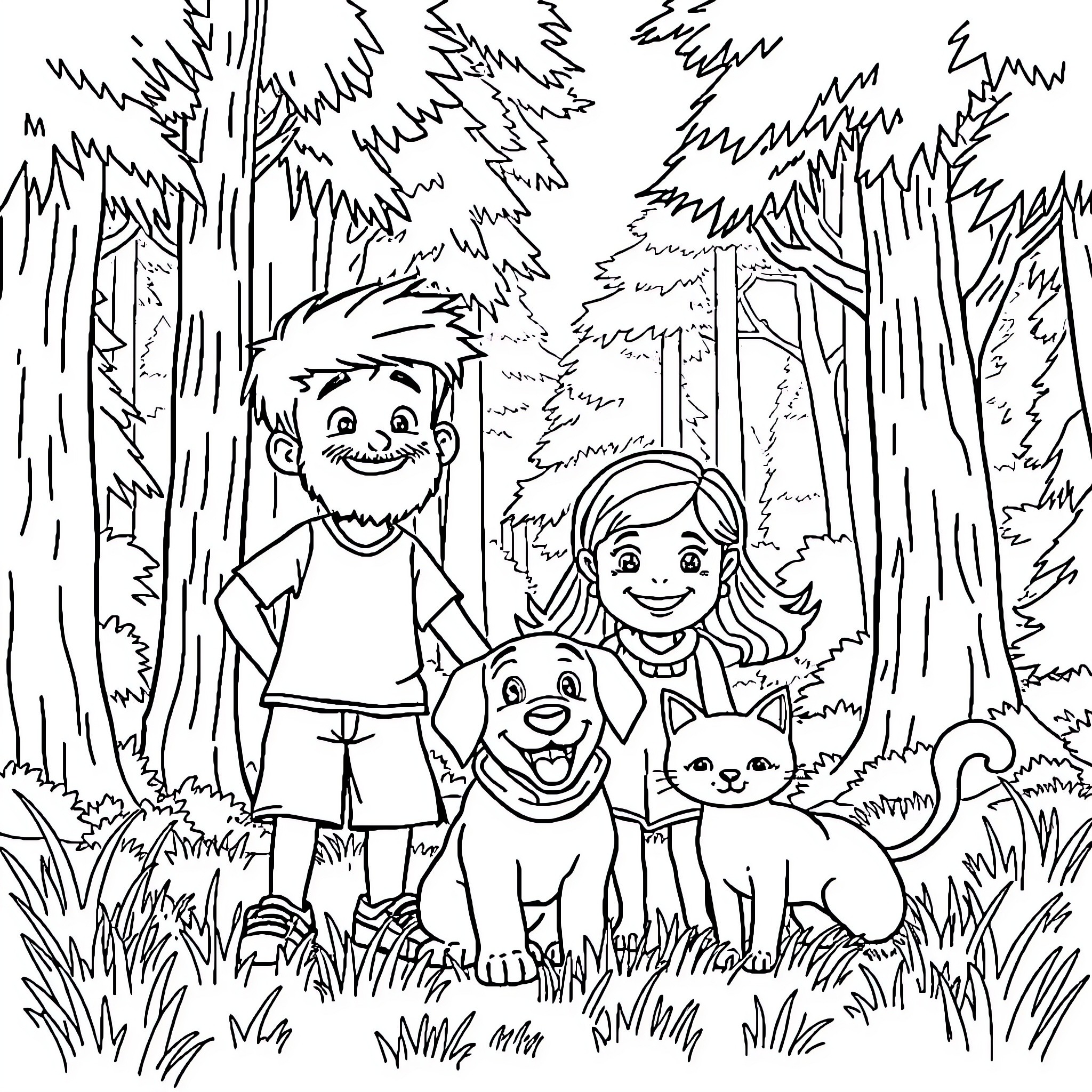 Boy and his family explore the forest Coloring Page (free black-and-white line drawing printable PDF for all, from beginners to advanced learners, including children, teens, adults, and seniors)