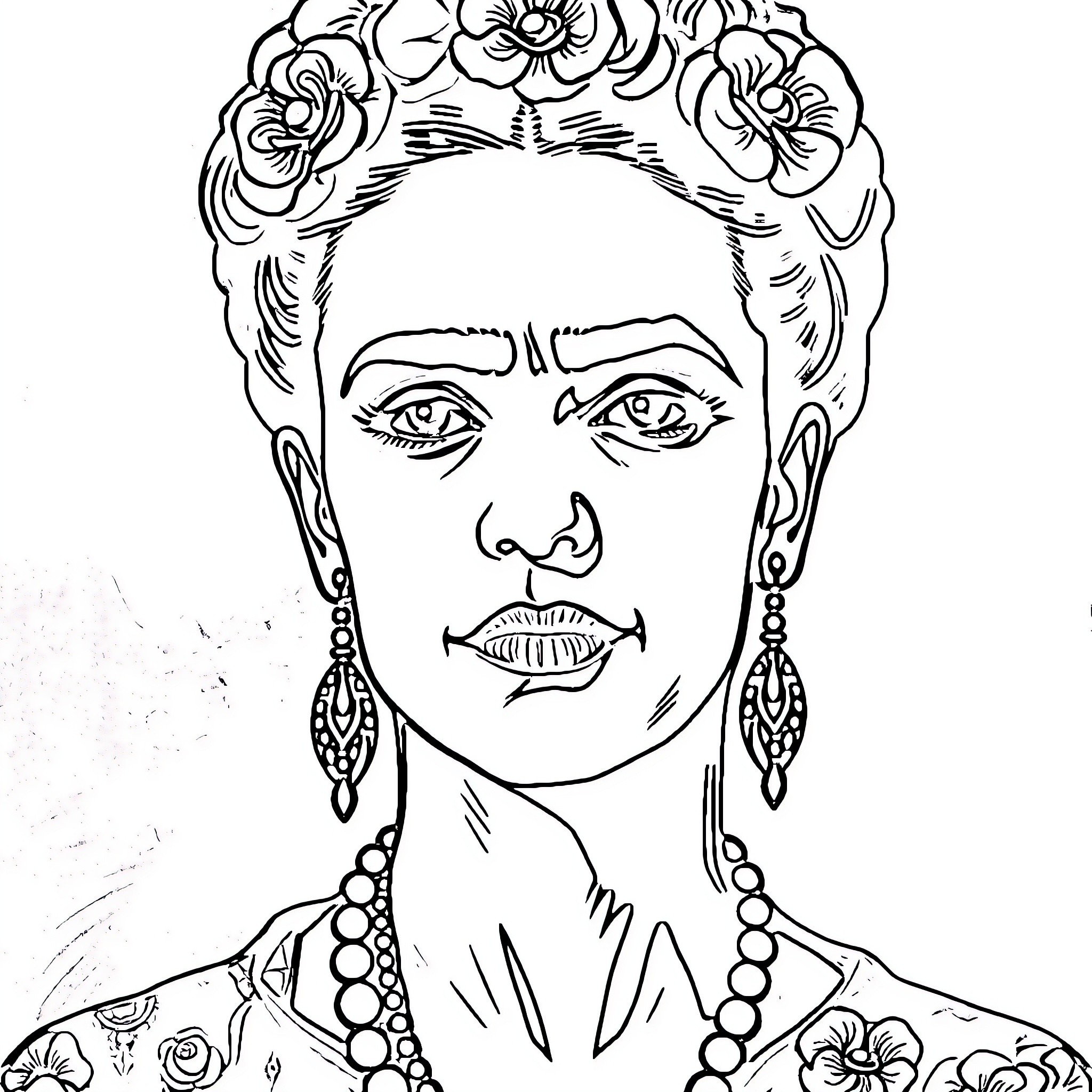 Portrait of a woman with floral crown and ornate jewelry Coloring Page (free black-and-white line drawing printable PDF for all, from beginners to advanced learners, including children, teens, adults, and seniors)