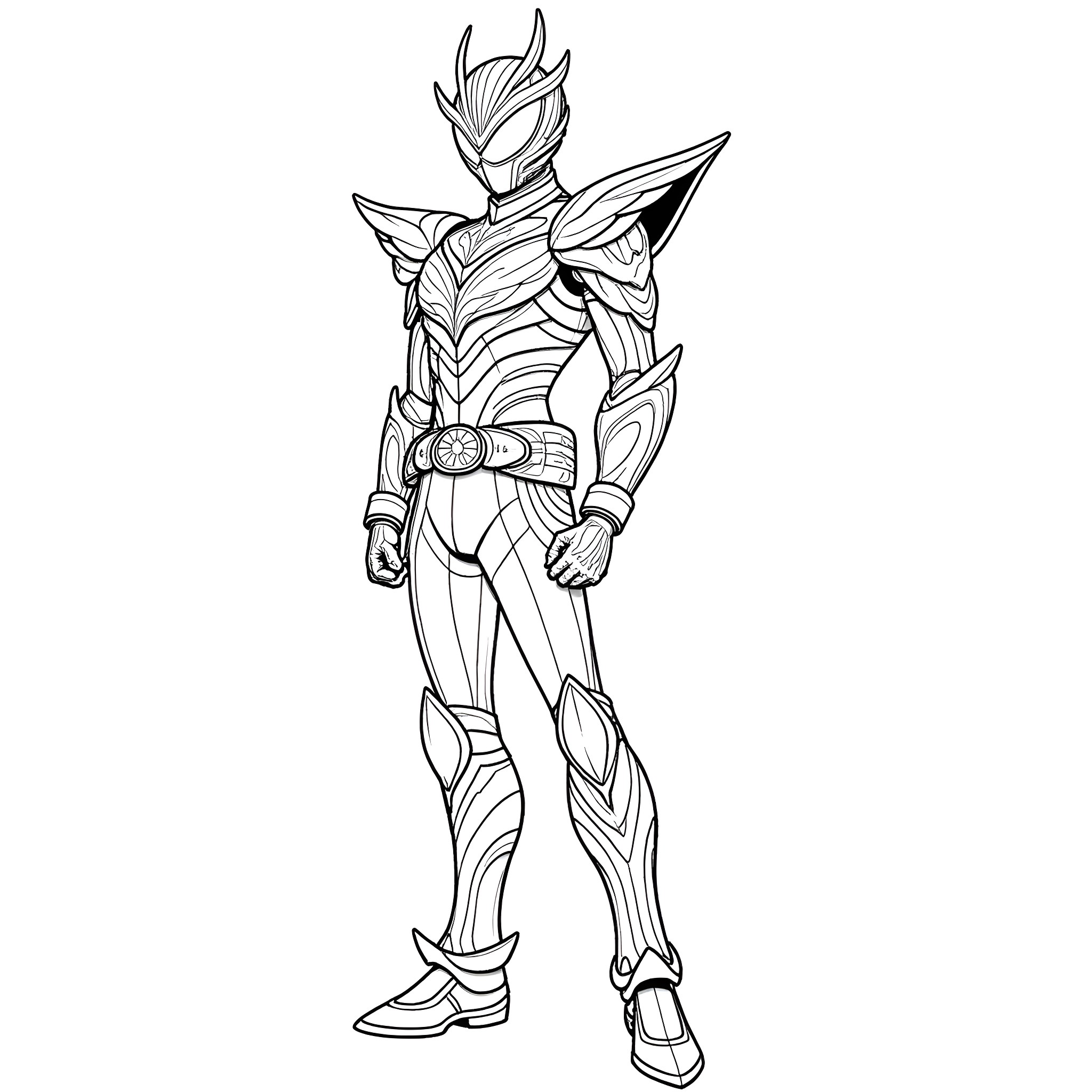 Kamen Rider OOO in heroic battle pose Coloring Page (free black-and-white line drawing printable PDF for all, from beginners to advanced learners, including children, teens, adults, and seniors)