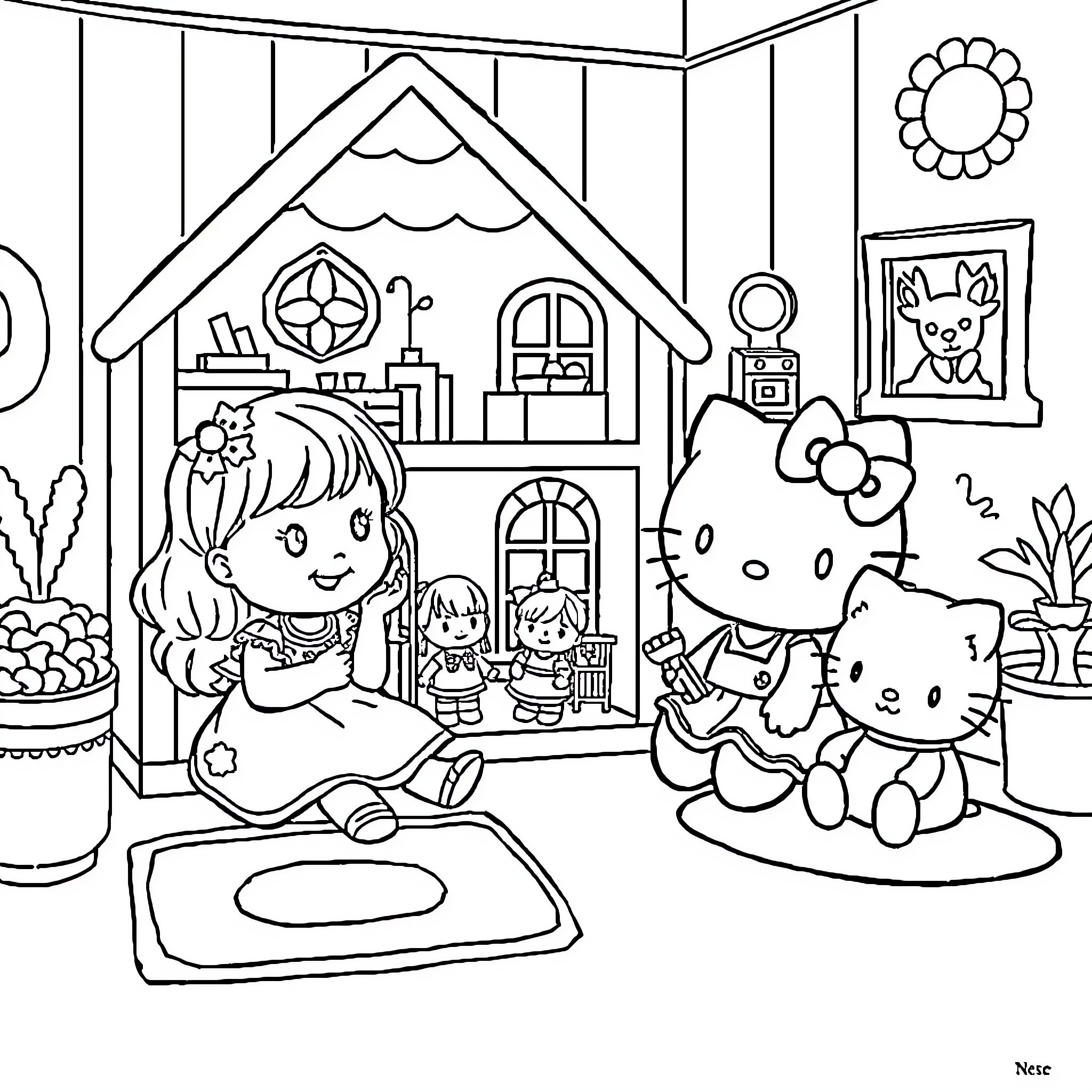 Doll playing with Hello Kitty toys in bedroom Coloring Page (free black-and-white line drawing printable PDF for all, from beginners to advanced learners, including children, teens, adults, and seniors)