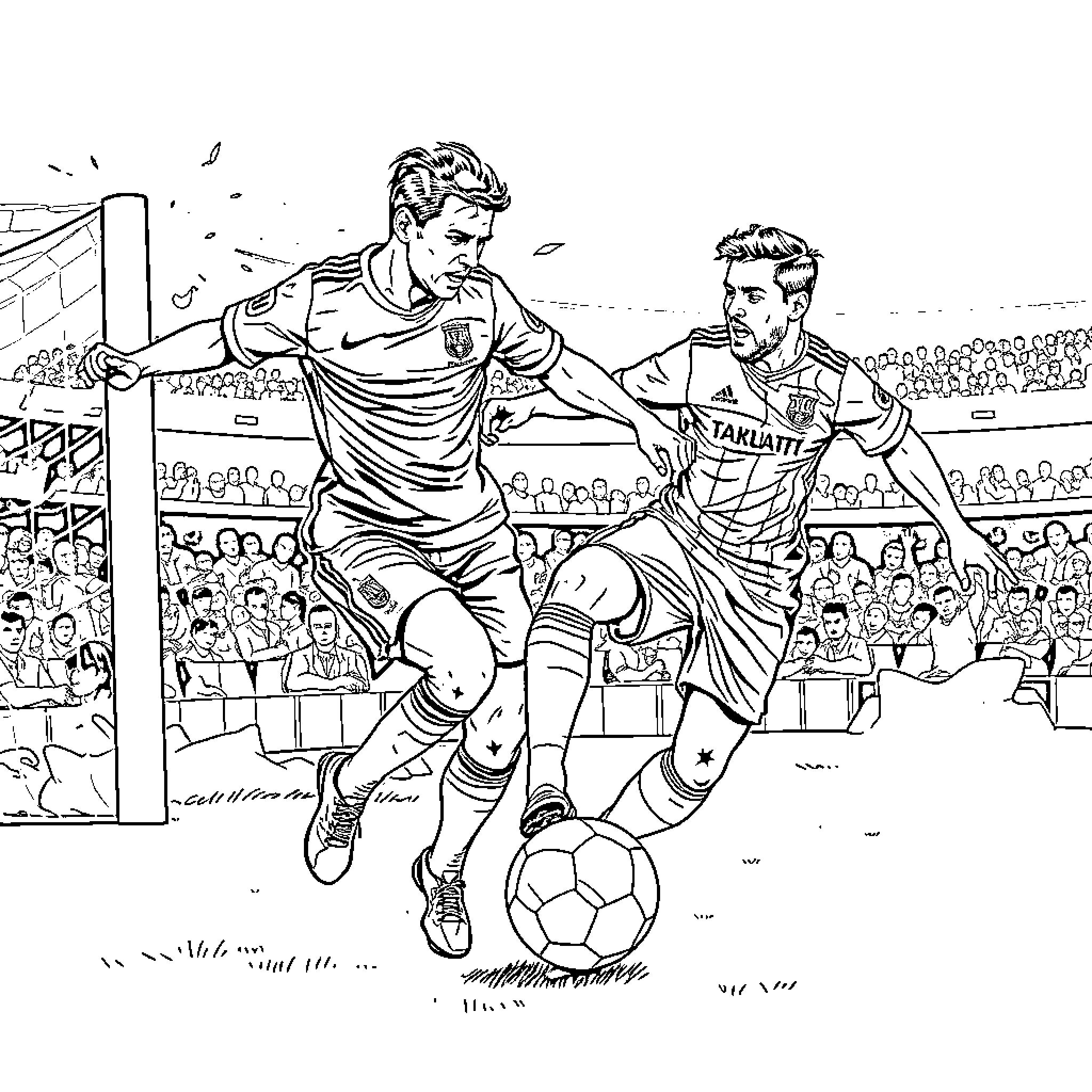 Ronaldo in action on the football pitch Coloring Page (free black-and-white line drawing printable PDF for all, from beginners to advanced learners, including children, teens, adults, and seniors)