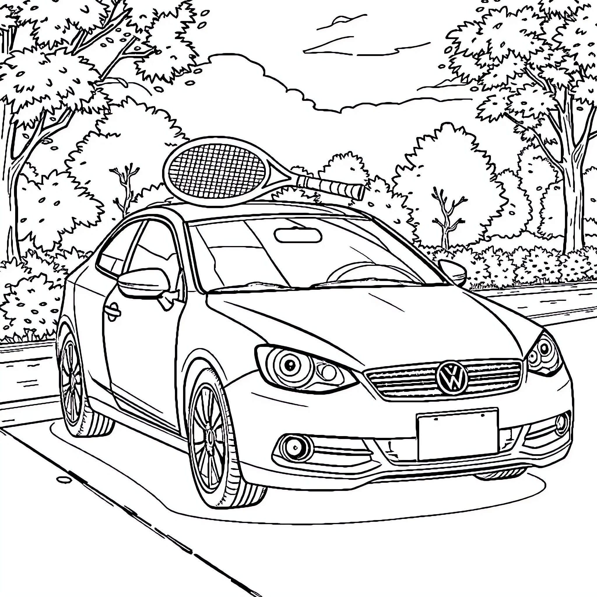 Car parked with tennis equipment on roof Coloring Page (free black-and-white line drawing printable PDF for all, from beginners to advanced learners, including children, teens, adults, and seniors)
