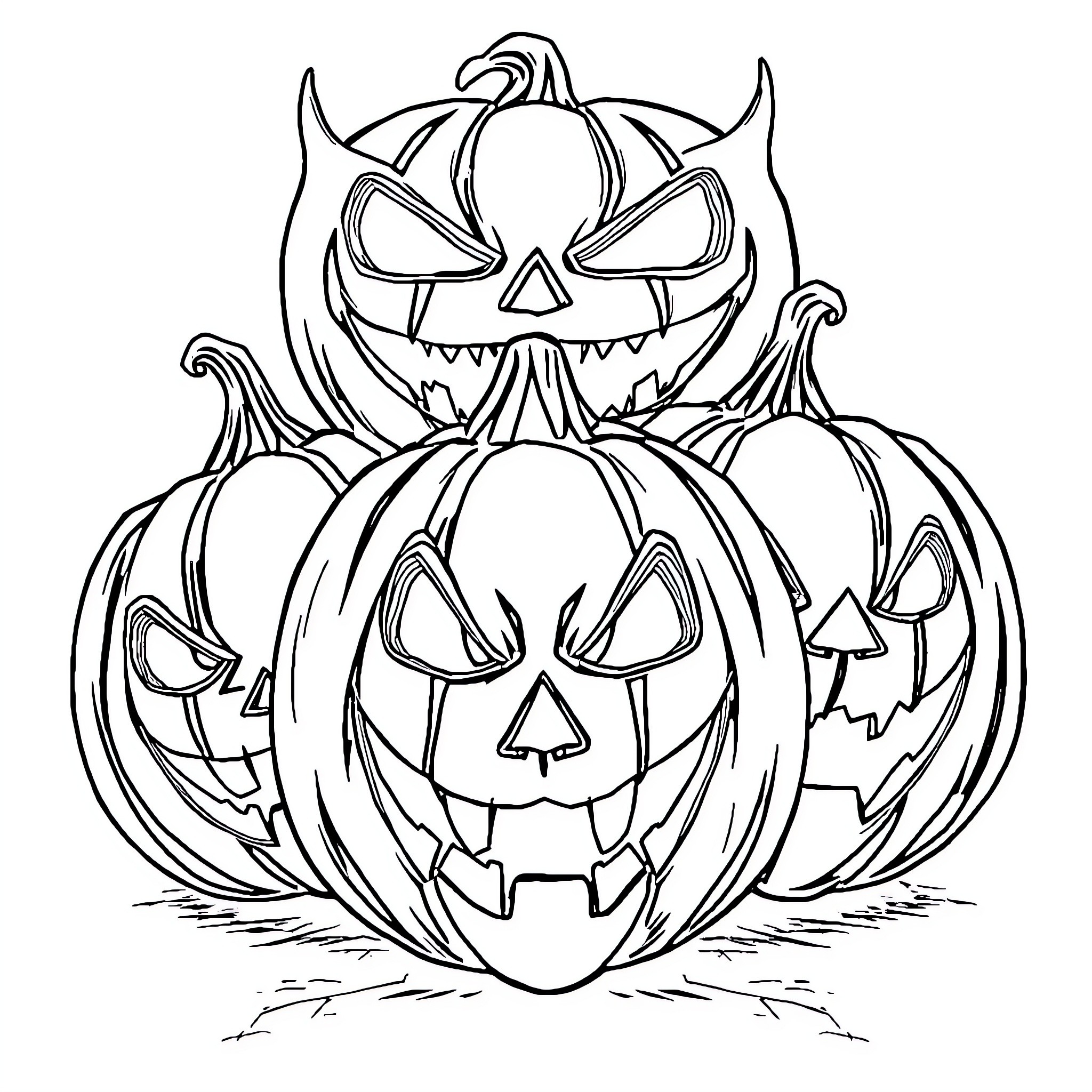 Jack-o'-lanterns with spooky expressions Coloring Page (free black-and-white line drawing printable PDF for all, from beginners to advanced learners, including children, teens, adults, and seniors)