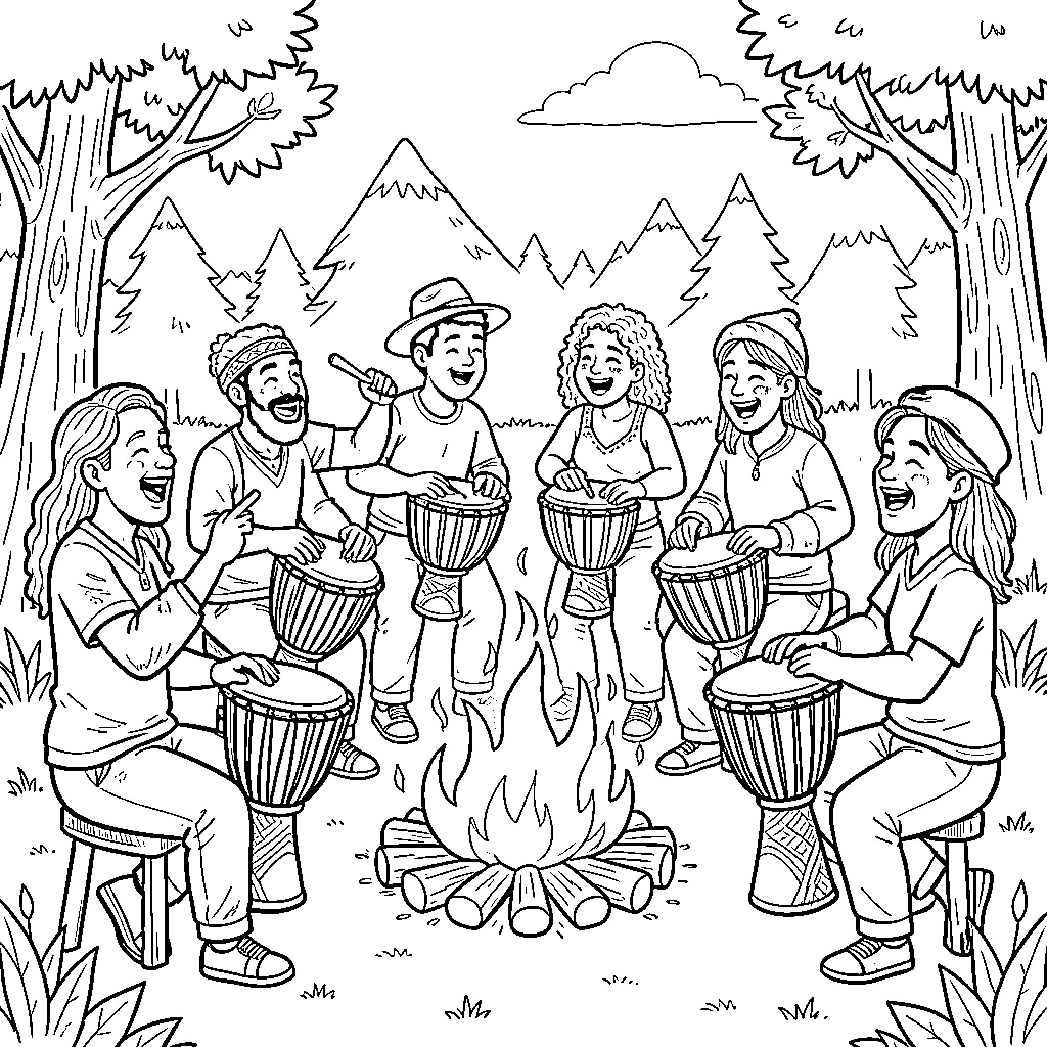 Person playing drums around campfire in forest Coloring Page (free black-and-white line drawing printable PDF for all, from beginners to advanced learners, including children, teens, adults, and seniors)