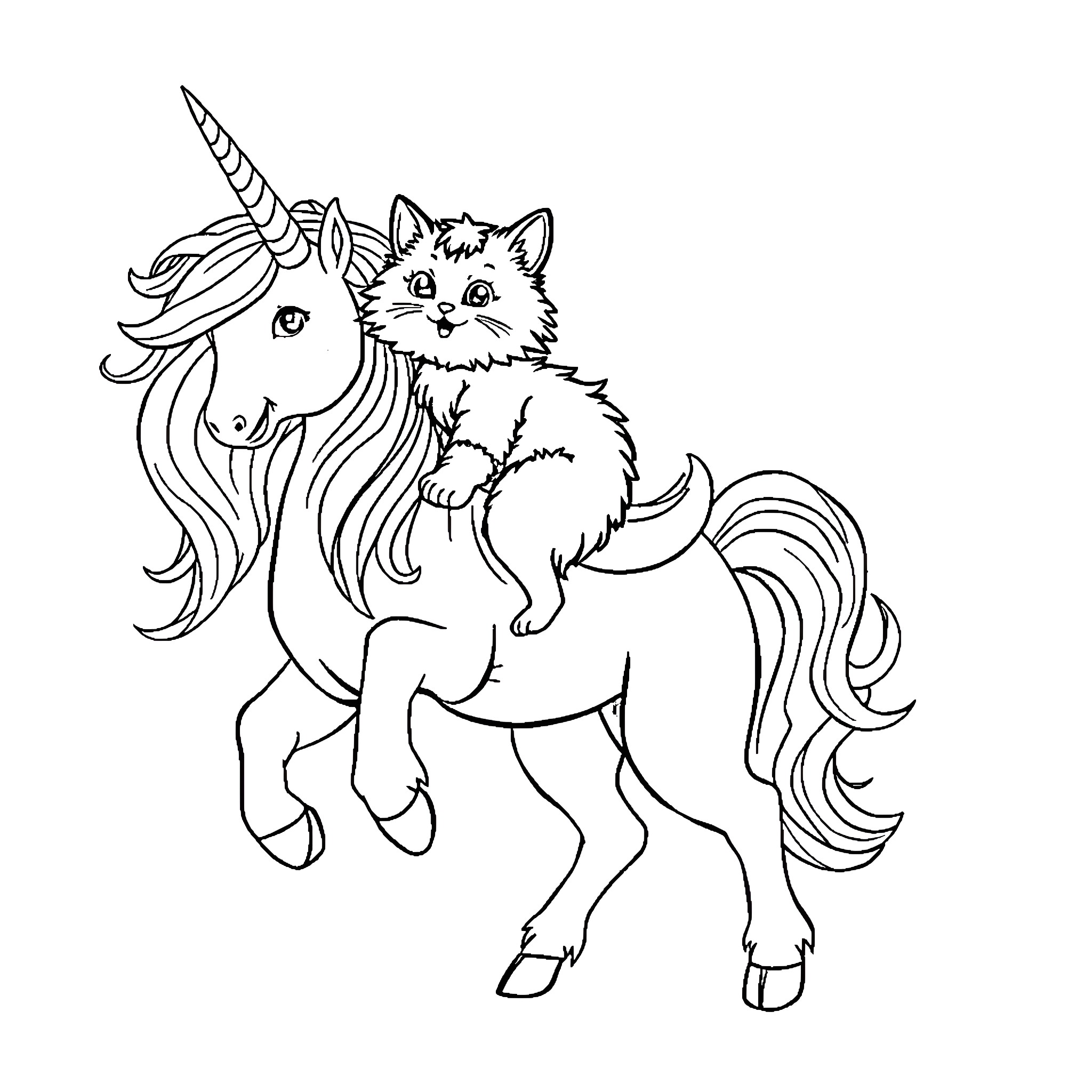 Cat riding a unicorn Coloring Page (free black-and-white line drawing printable PDF for all, from beginners to advanced learners, including children, teens, adults, and seniors)