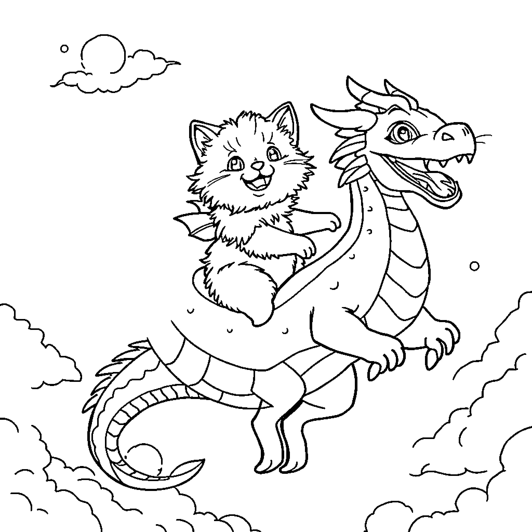 Cat riding a fantastical dragon Coloring Page (free black-and-white line drawing printable PDF for all, from beginners to advanced learners, including children, teens, adults, and seniors)