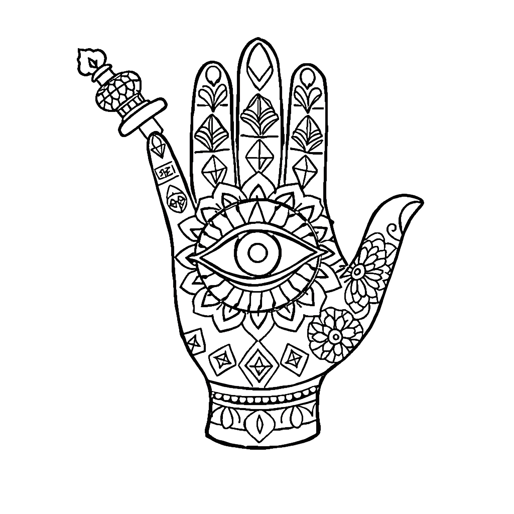 Hand decorated with intricate symbols and patterns Coloring Page (free black-and-white line drawing printable PDF for all, from beginners to advanced learners, including children, teens, adults, and seniors)