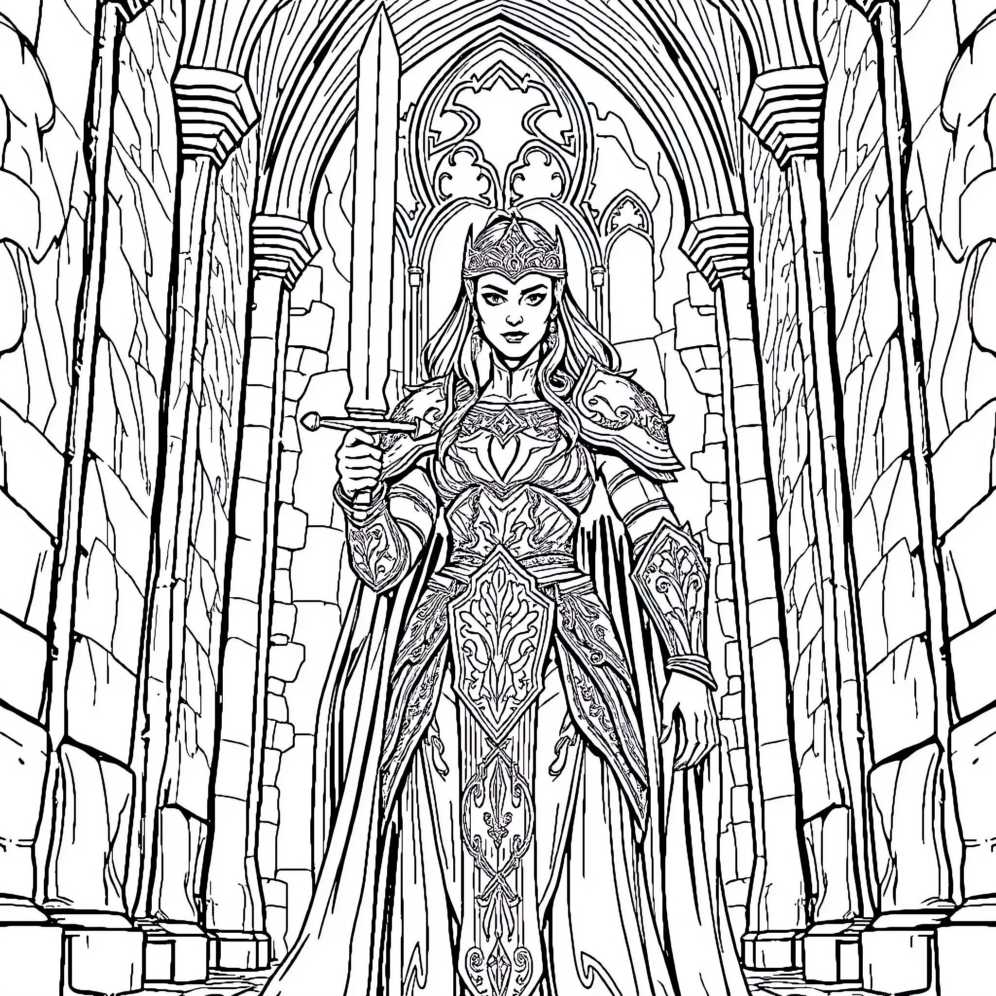 Warrior Queen in Majestic Throne Room Coloring Page (free black-and-white line drawing printable PDF for all, from beginners to advanced learners, including children, teens, adults, and seniors)