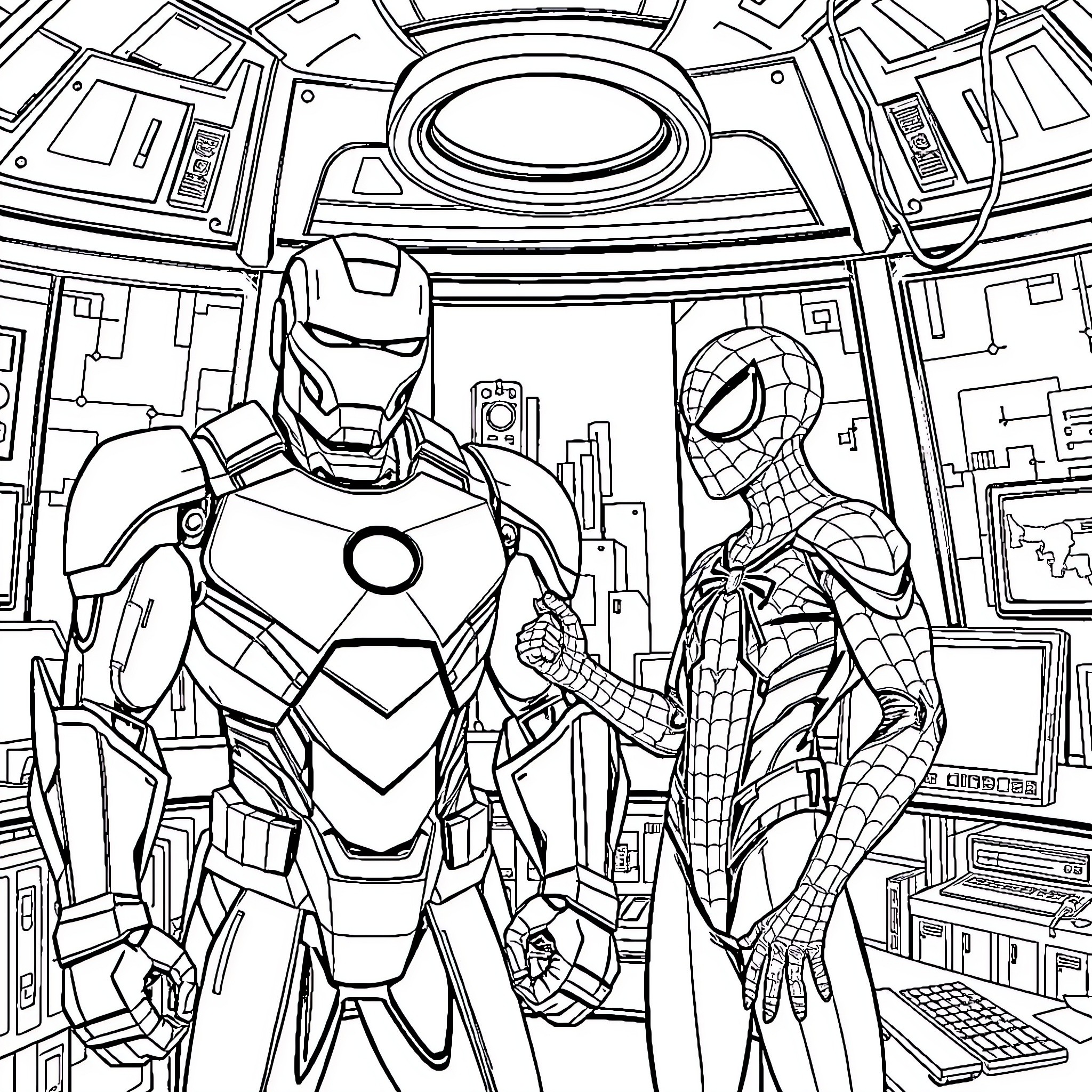 Iron Man and Spider-Man in Superhero Teamup Coloring Page (free black-and-white line drawing printable PDF for all, from beginners to advanced learners, including children, teens, adults, and seniors)