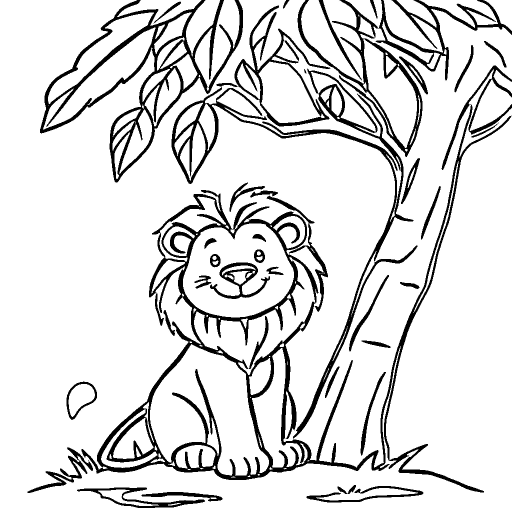 Lion basking under shady tree Coloring Page (free black-and-white line drawing printable PDF for all, from beginners to advanced learners, including children, teens, adults, and seniors)