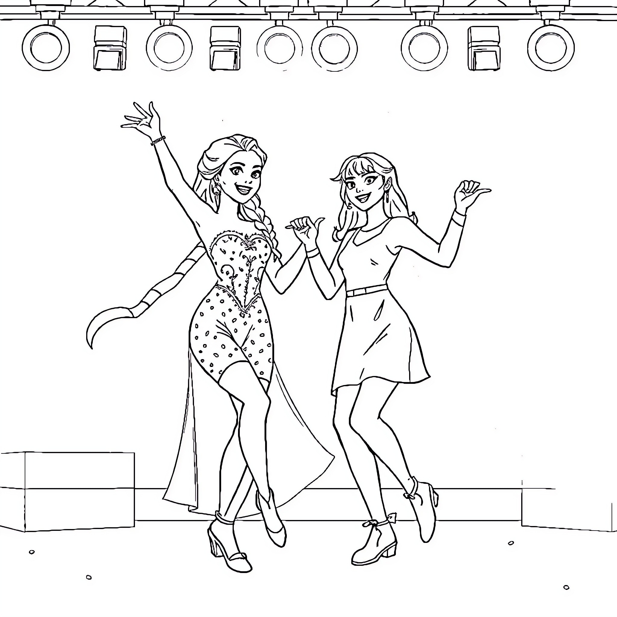 Elsa and friend dancing on stage Coloring Page (free black-and-white line drawing printable PDF for all, from beginners to advanced learners, including children, teens, adults, and seniors)