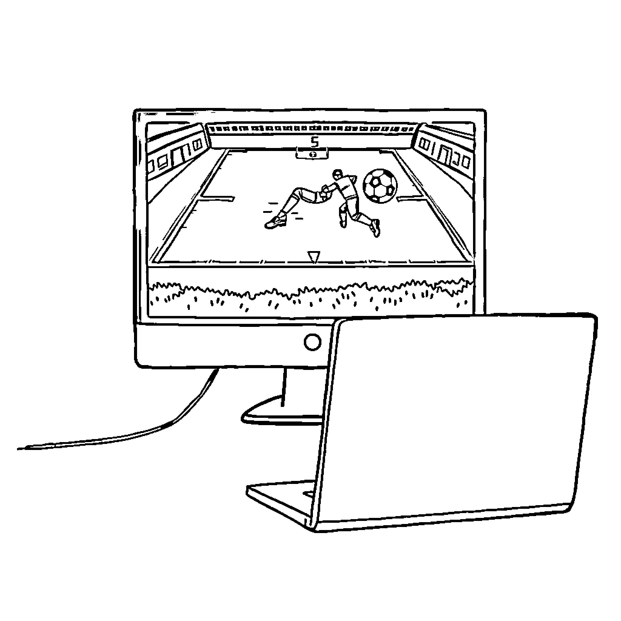 Laptop displaying soccer game on screen Coloring Page (free black-and-white line drawing printable PDF for all, from beginners to advanced learners, including children, teens, adults, and seniors)