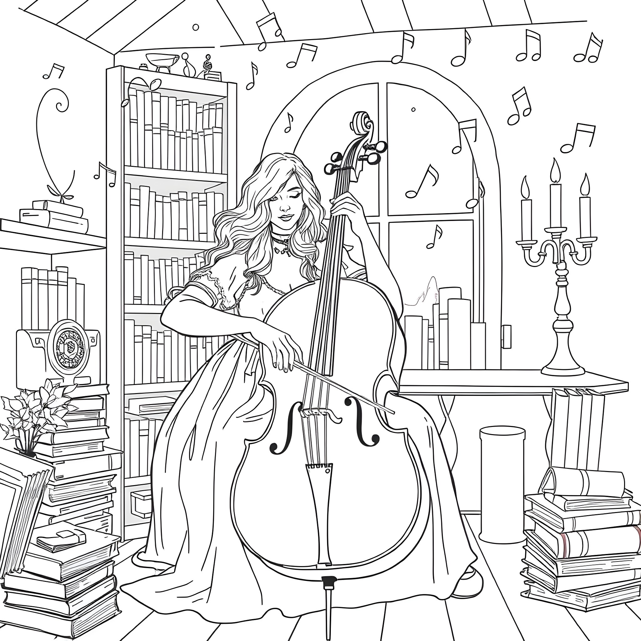 Hermione playing cello in the library Coloring Page (free black-and-white line drawing printable PDF for all, from beginners to advanced learners, including children, teens, adults, and seniors)