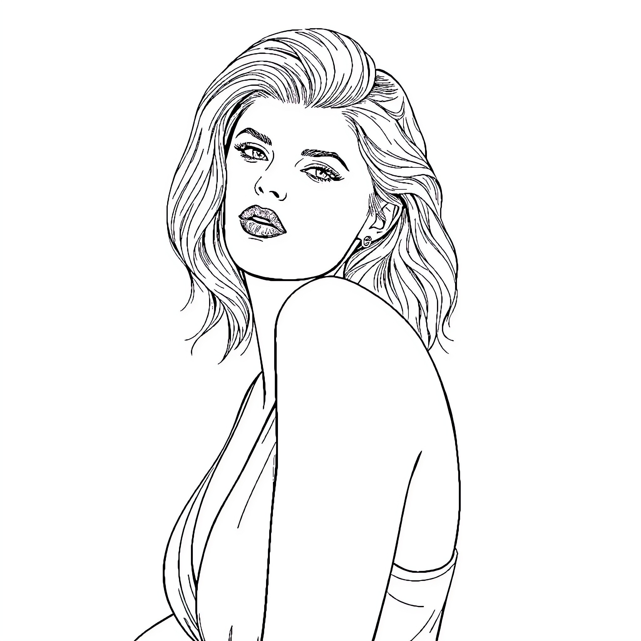 Margot Robbie in striking pose with flowing hair Coloring Page (free black-and-white line drawing printable PDF for all, from beginners to advanced learners, including children, teens, adults, and seniors)