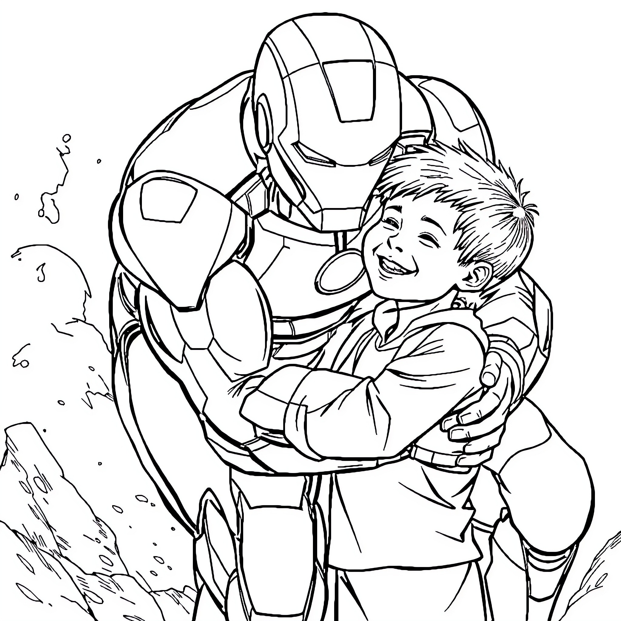 Iron Man and a happy young boy Coloring Page (free black-and-white line drawing printable PDF for all, from beginners to advanced learners, including children, teens, adults, and seniors)