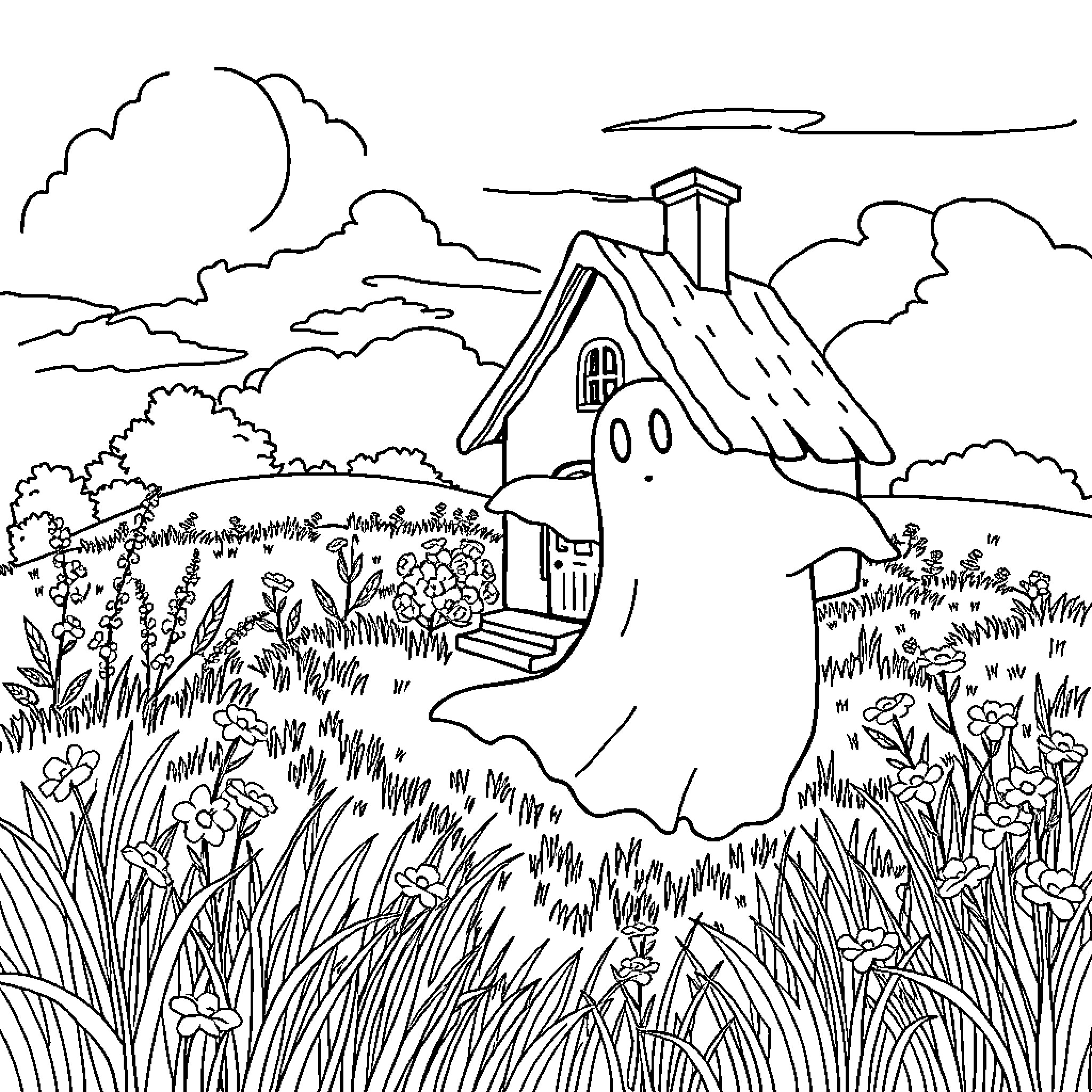 Ghost of the Enchanted Cottage in Nature Coloring Page (free black-and-white line drawing printable PDF for all, from beginners to advanced learners, including children, teens, adults, and seniors)