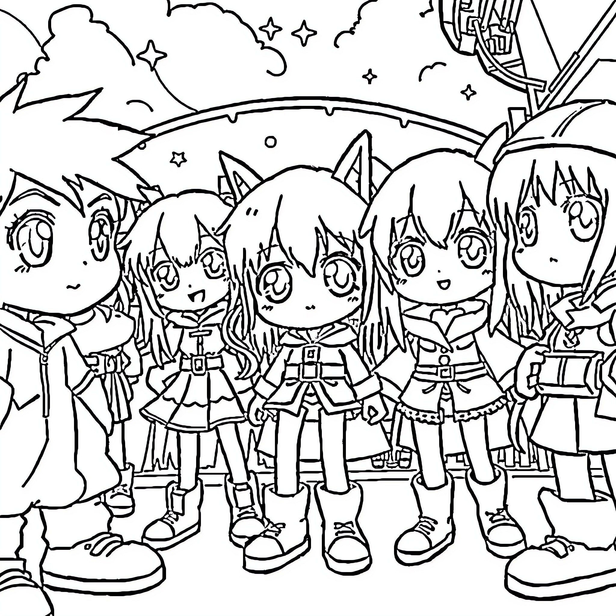 Anime Group of Cute Anime Characters Posing Together Coloring Page (free black-and-white line drawing printable PDF for all, from beginners to advanced learners, including children, teens, adults, and seniors)